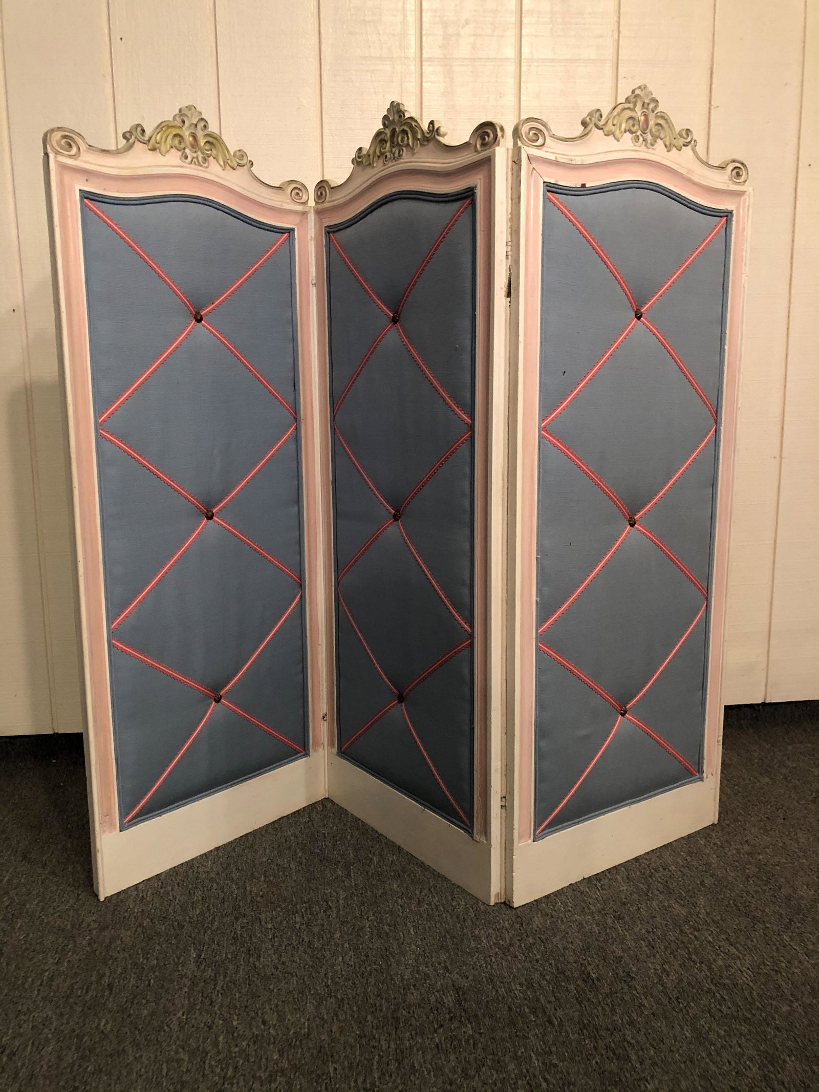 French Provincial Style Screen: Painted Wood & Upholstered 3-Panel Folding Screen. Size: each panel 49.75" x 19.5" ***Please Note: This is an on-site online auction with specific Pick up terms and conditions. Pick up day is schedule