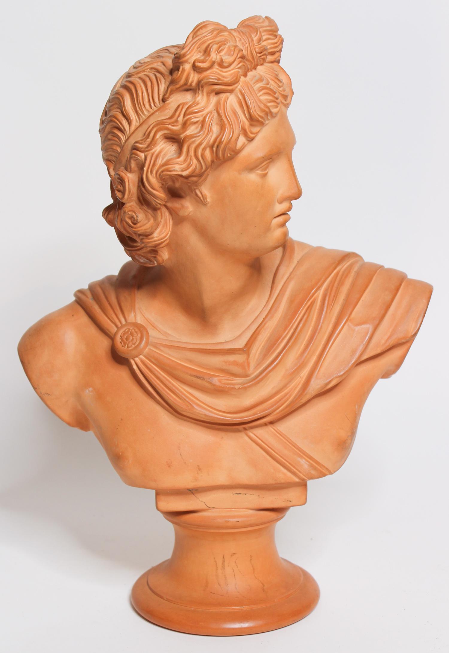 Eneret Copenhagen Terracotta Figural Bust: Terracotta Figural Bust of Apollo, painted, marked on back L Hjorth 536 Eneret. Size: 13.5" H x 9.5" W x 5.5" D ***Please Note: This is an on-site online auction with specific Pick up terms and condit