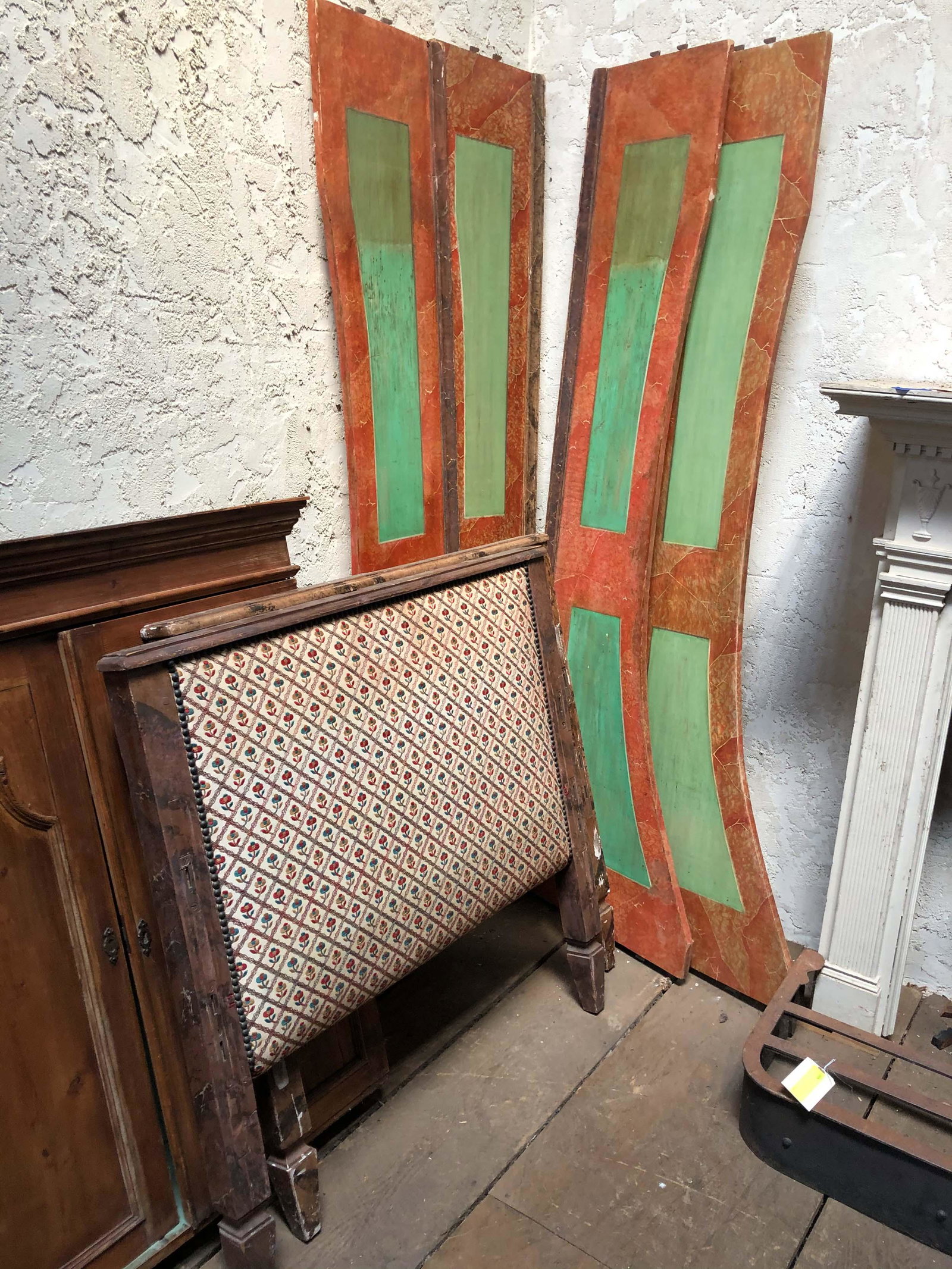 19th C. Continental Paint Decorated Day Bed: 19th C. Continental Paint Decorated Day Bed with upholstered ends and painted side rails. Lot consists of 2 ends and 4 rails. Size: 39.5" H x 79" W x 38" D. ***Please Note: This is an on-site online a