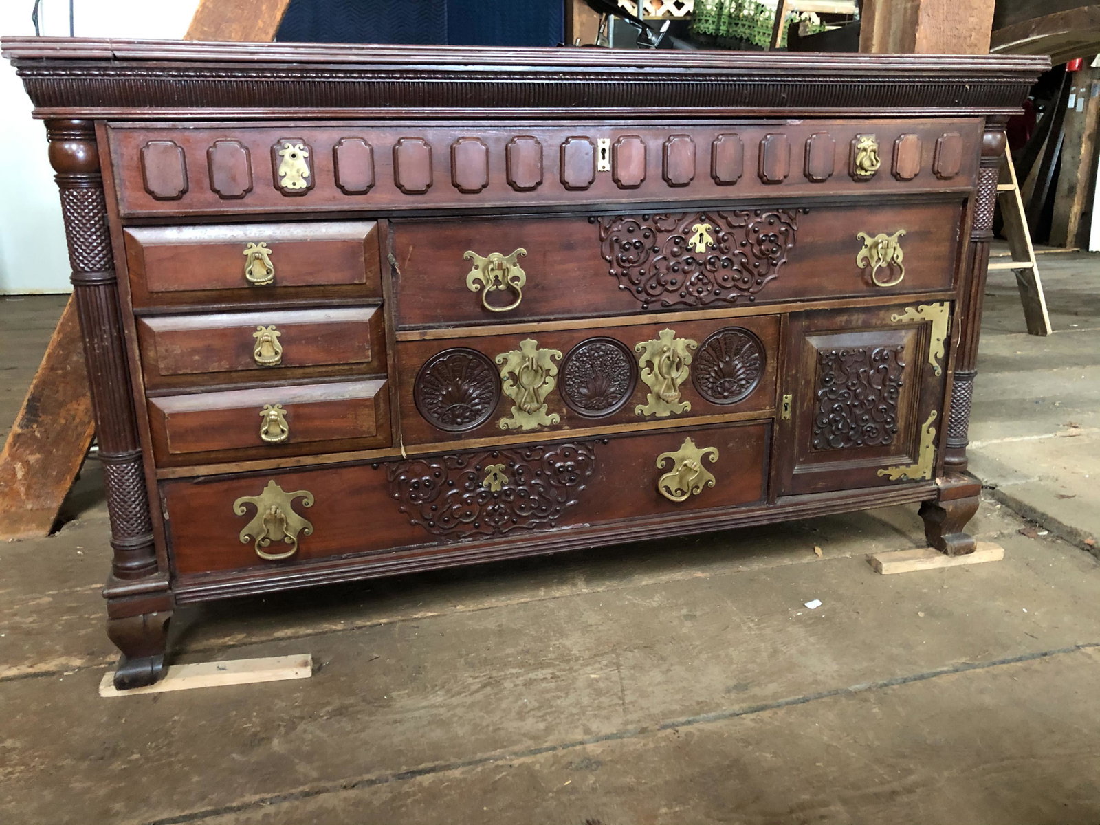 Late 19th C Victorian Japonisme Server: A very unusual late 19th century Japanese influenced Victorian chest having a marble top over multiple drawers with highly stylized carvings. Size: 32"H x 54"W x 23"D ***Please Note: This is an on-sit