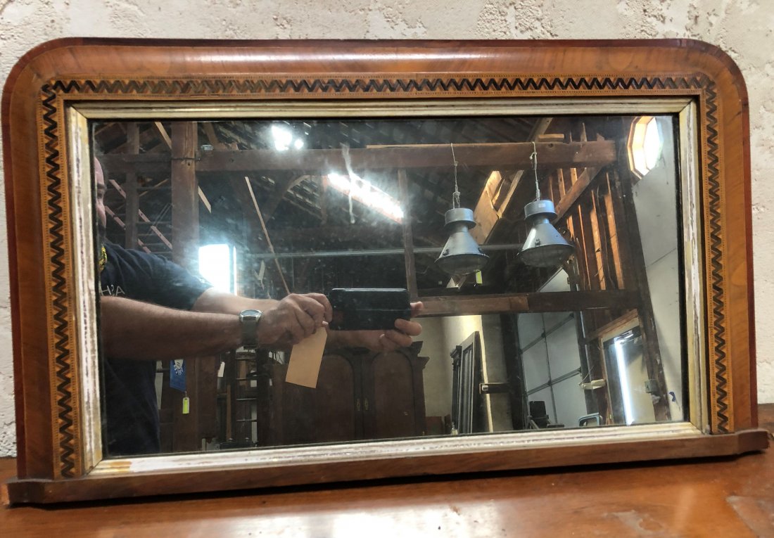 19th C. Inlaid and Gilt Decorated Mirror: 19th Century Tunbridge Style inlaid and gilt decorated mirror. Size: 16"H x 28.5"W ***Please Note: This is an on-site online auction with specific Pick up terms and conditions. Pick up day is schedule