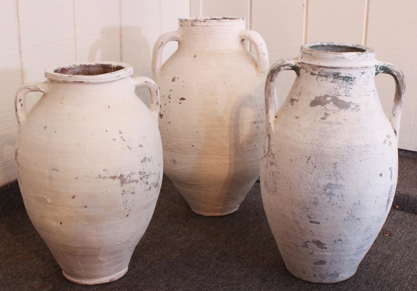 3 Limed Earthenware Garden Vessels: 3 Limed Earthenware Garden Vessels. Possibly Turkish. Size: largest 21" x 12" diameter ***Please Note: This is an on-site online auction with specific Pick up terms and conditions. Pick up day is sche