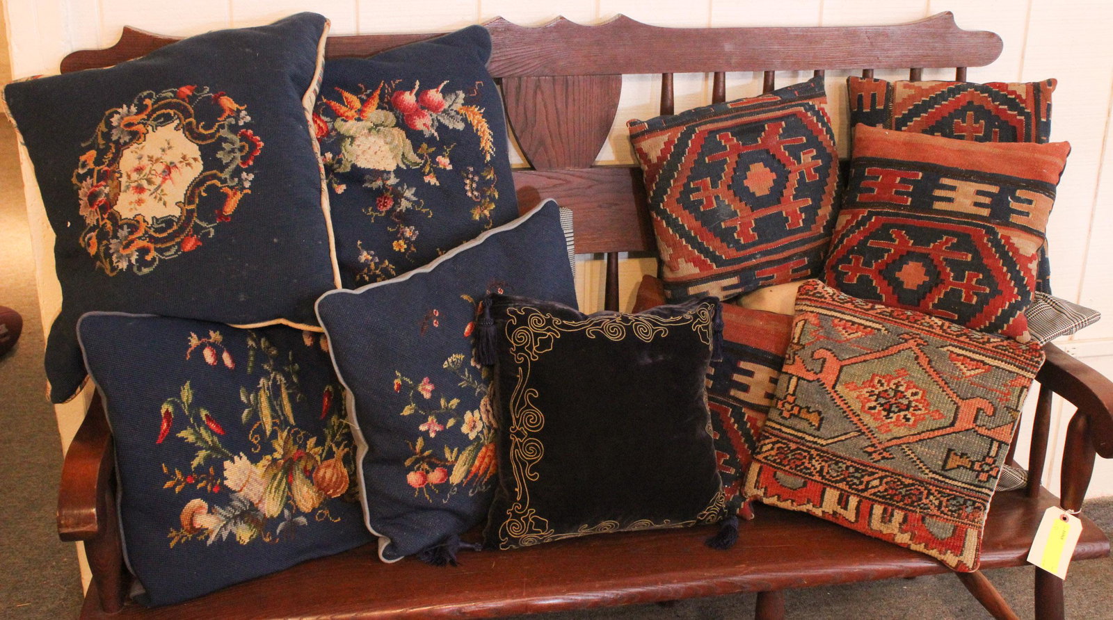 Decorator's Lot of Kilim and Needlepoint Pillows: Decorator's Lot of Kilim and Needlepoint Pillows. Size: largest 20" x 20" ***Please Note: This is an on-site online auction with specific Pick up terms and conditions. Pick up day is scheduled for 8/2
