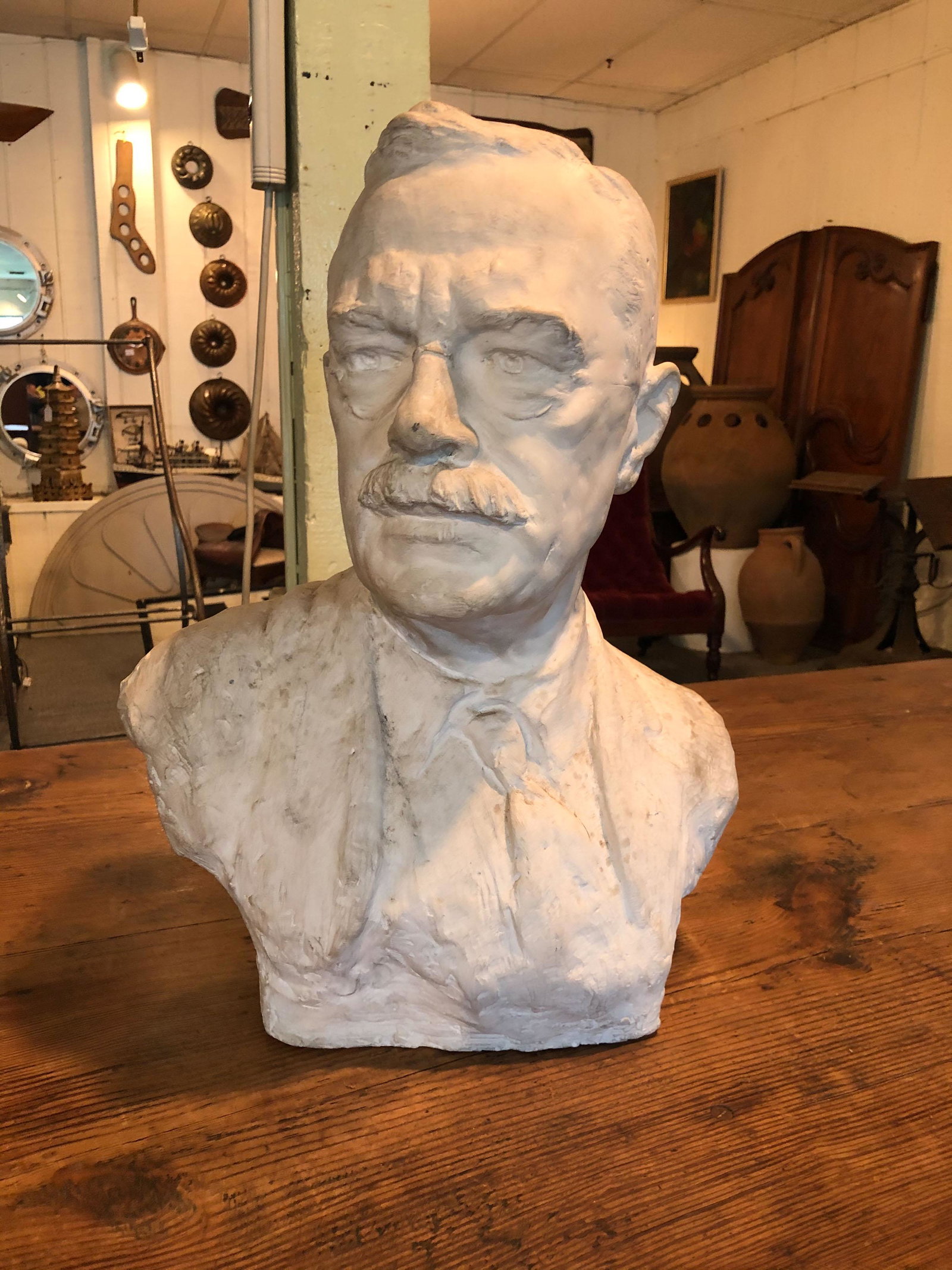 Oreste Brunicardi Attr. Portrait Bust: Oreste Brunicardi Attr. Portrait Bust. Plaster maquette of a captain of industry. Size: 20.5" x 16" x 12" ***Please Note: This is an on-site online auction with specific Pick up terms and conditions. 