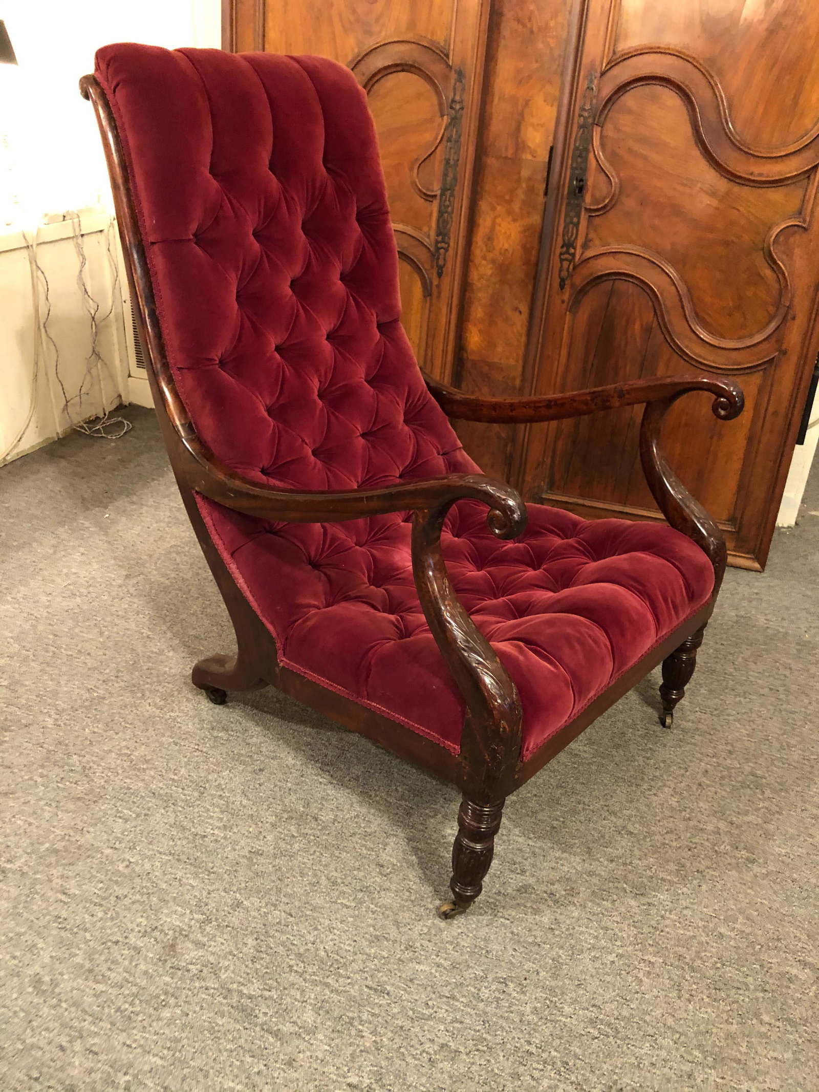 Antique 19th C Plantation Style Chair: Antique 19th C Plantation Style Chair. Tufted velvet seat. Size: 40.5" x 23" x 32" ***Please Note: This is an on-site online auction with specific Pick up terms and conditions. Pick up day is schedule