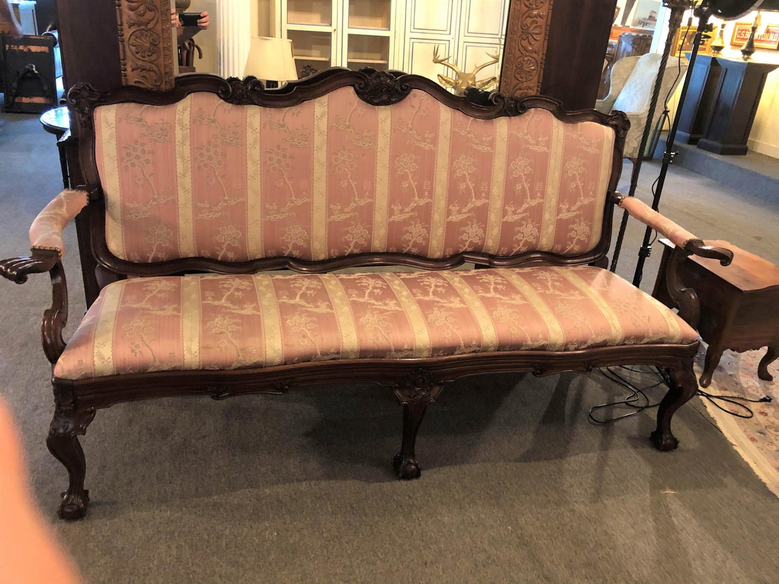 Chippendale Style Chinoiserie Settee: Chippendale Style Chinoiserie Settee. Size: 44" x 82" x 27.5" ***Please Note: This is an on-site online auction with specific Pick up terms and conditions. Pick up day is scheduled for 8/29 in Frazer,