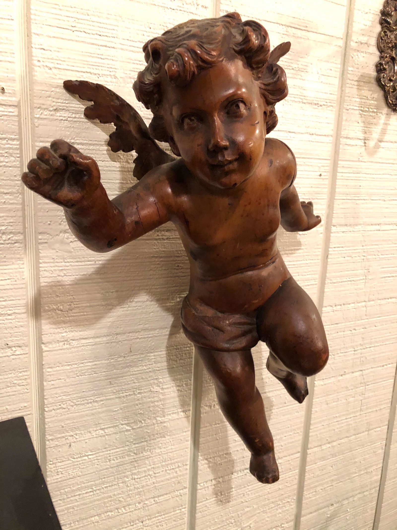 Antique Continental Carved Wood Cherub: Antique Continental Carved Wood Cherub. Size: 17" x 13" x 8" ***Please Note: This is an on-site online auction with specific Pick up terms and conditions. Pick up day is scheduled for 8/29 in Frazer, 