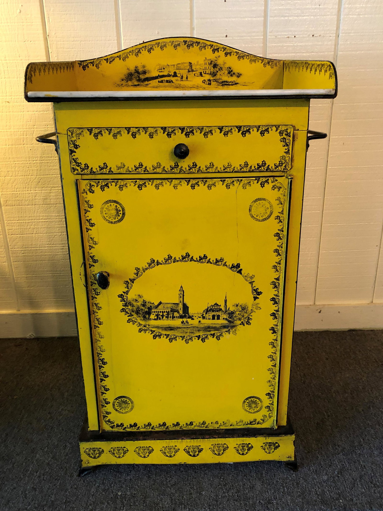 French Tole Painted Marble Top Wash Stand: French Tole Painted Metal and Marble Top Wash Stand. Size: 36" x 20" x 15.5" ***Please Note: This is an on-site online auction with specific Pick up terms and conditions. Pick up day is scheduled for 