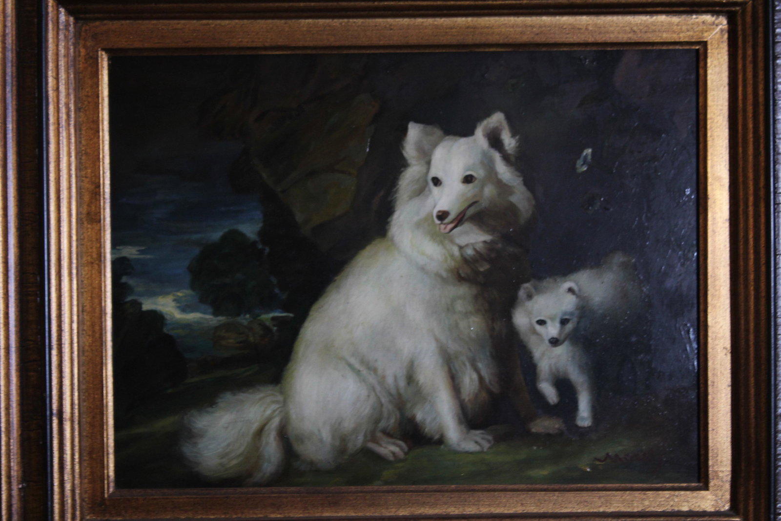 Pedigree Dog Painting Signed Morris: Pedigree Dog Painting Signed Morris. White Collies. OOB. Size: frame 20" x 24", sight 11" x 15" ***Please Note: This is an on-site online auction with specific Pick up terms and conditions. Pick up da