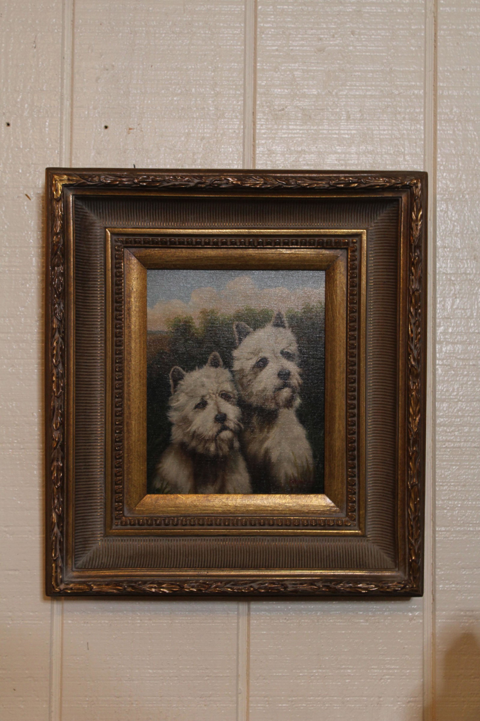 Pedigree Dog Painting Signed Gleason: Pedigree Dog Painting Signed Gleason. Yorkshire Terriers OOC. Size: frame 17.75" x 16", sight 9.5" x 7.25" ***Please Note: This is an on-site online auction with specific Pick up terms and conditions.