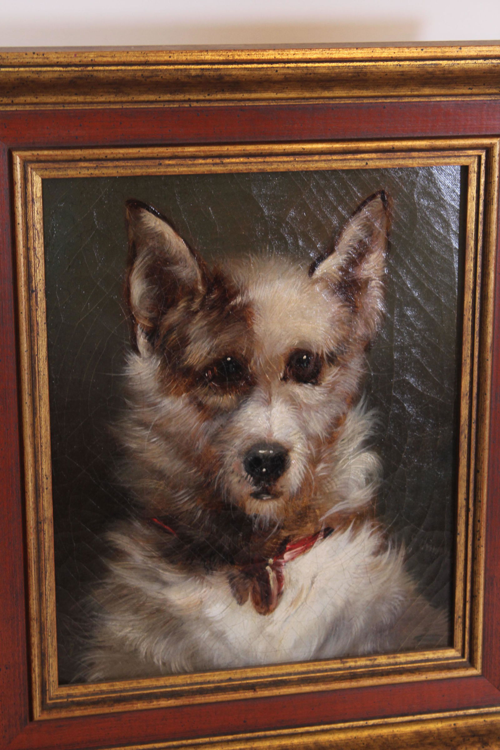 Dog Portrait. Signed.: Dog Portrait. Signed. OOC. Signed illegibly. Size: frame 16.75" x 14.75", sight 11" x 9.25" ***Please Note: This is an on-site online auction with specific Pick up terms and conditions. Pick up day is