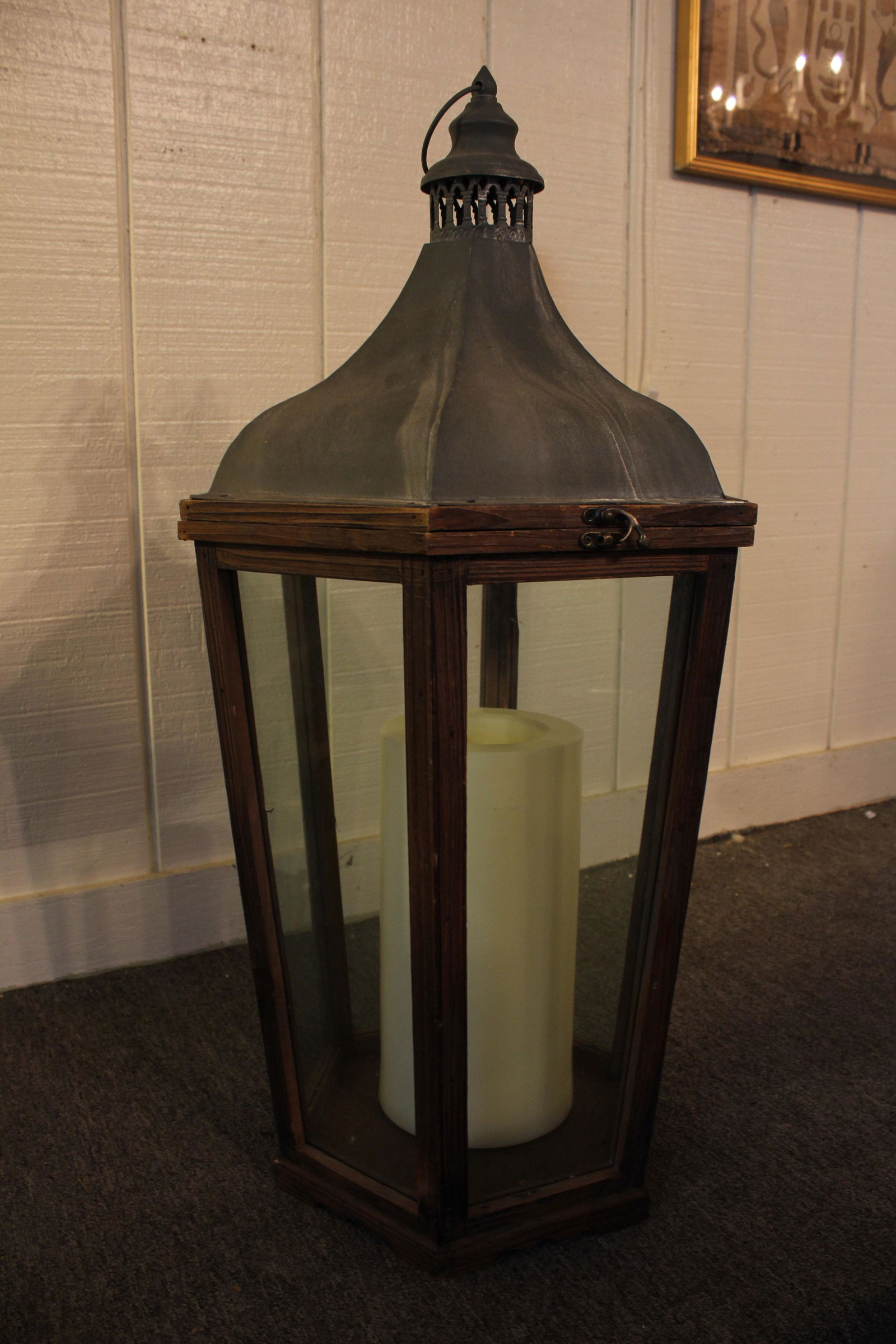 Wood Frame Lantern with Tin Hood: Wood Frame Lantern with Tin Hood. Hinged lid, glass sides. Size: 31" x 16" x 16" ***Please Note: This is an on-site online auction with specific Pick up terms and conditions. Pick up day is scheduled