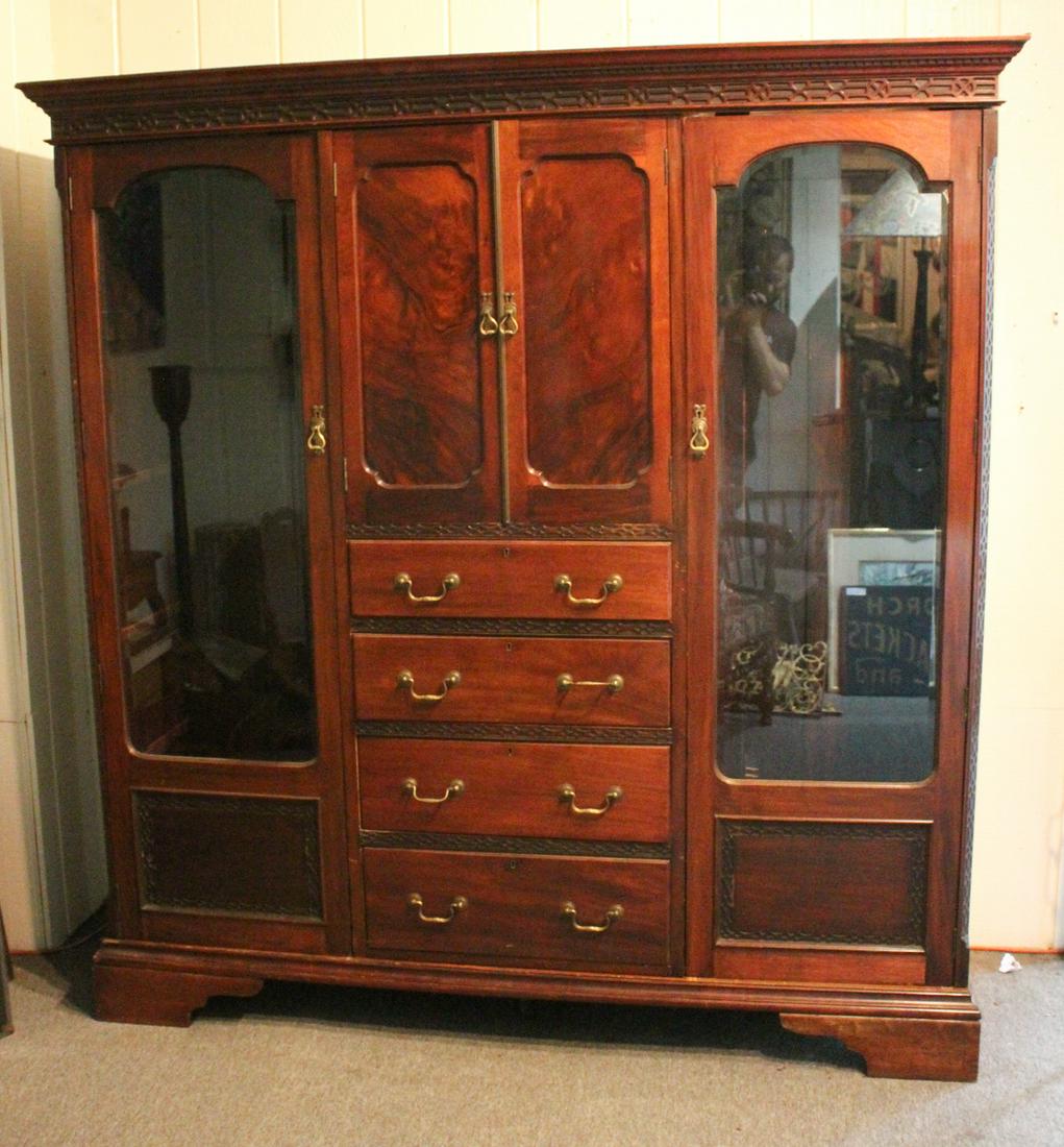 19th C English Mahogany Dressing Cabinet: 19th C English Mahogany Dressing Cabinet. Labeled James Phillips and Sons, Bristol. Breaks down in 3 sections. Size: 79" x 76" x 21" ***Please Note: This is an on-site online auction with specific Pic