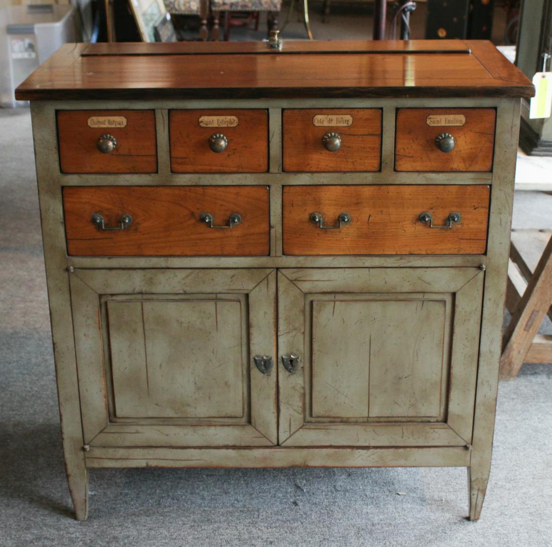 French Taste Mechanical Bar Cabinet: An Intriguing bar cabinet in the French taste with mechanical shelf and multiple drawers. Size: 35"H x 37"W x 18"D ***Please Note: This is an on-site online auction with specific Pick up terms and con
