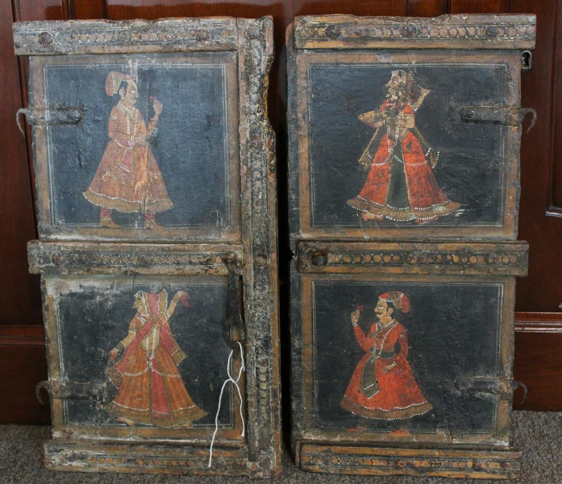 Pair of Antique Indo-Persian Painted Shutters: Pair of Antique Indo-Persian Painted Shutters. Size: 20"H x 10.5"W ***Please Note: This is an on-site online auction with specific Pick up terms and conditions. Pick up day is scheduled for 8/29 in Fr