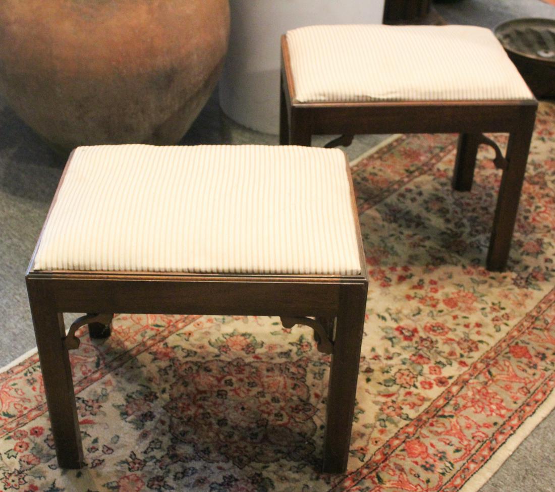 Pair of Georgian Style Mahogany Benches: A pair of Georgian style mahogany benches with upholstered seats. Size: 16"H x 18"W x 14"D ***Please Note: This is an on-site online auction with specific Pick up terms and conditions. Pick up day is 