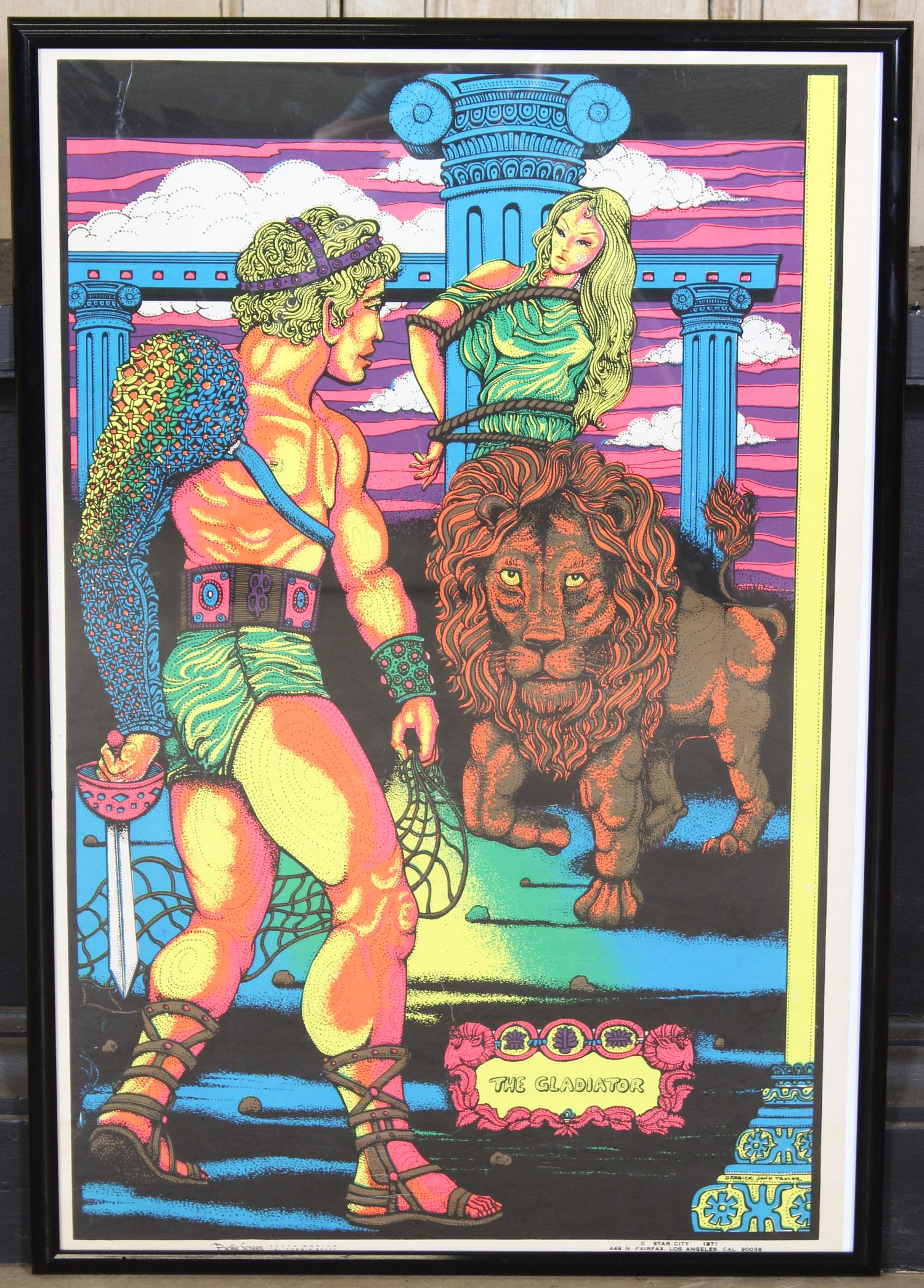 The Gladiator Poster: The Gladiator Poster, designed by Derrick John Taylor, Pacific Screen, Santa Monica, California 90404, copyright Star City 1971, 449 N Fairfax, Los Angeles, Cal 90036. Size: Frame: 41" H x 28" W x 1"