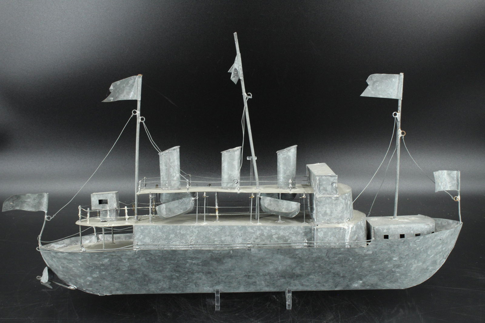 Folk Art Galvanized Tin Scale Model Ship: Folk Art Galvanized Tin Scale Model Ship. Size: 14"H x 24"W x 6"D