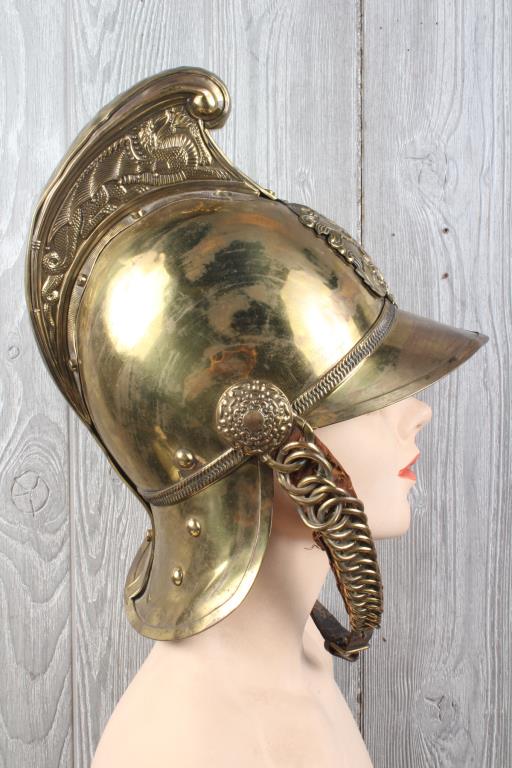 Antique French Fire Brigade Helmet: Antique French Fire Brigade Helmet. Size: 10" H x 8.5" W x 12" D