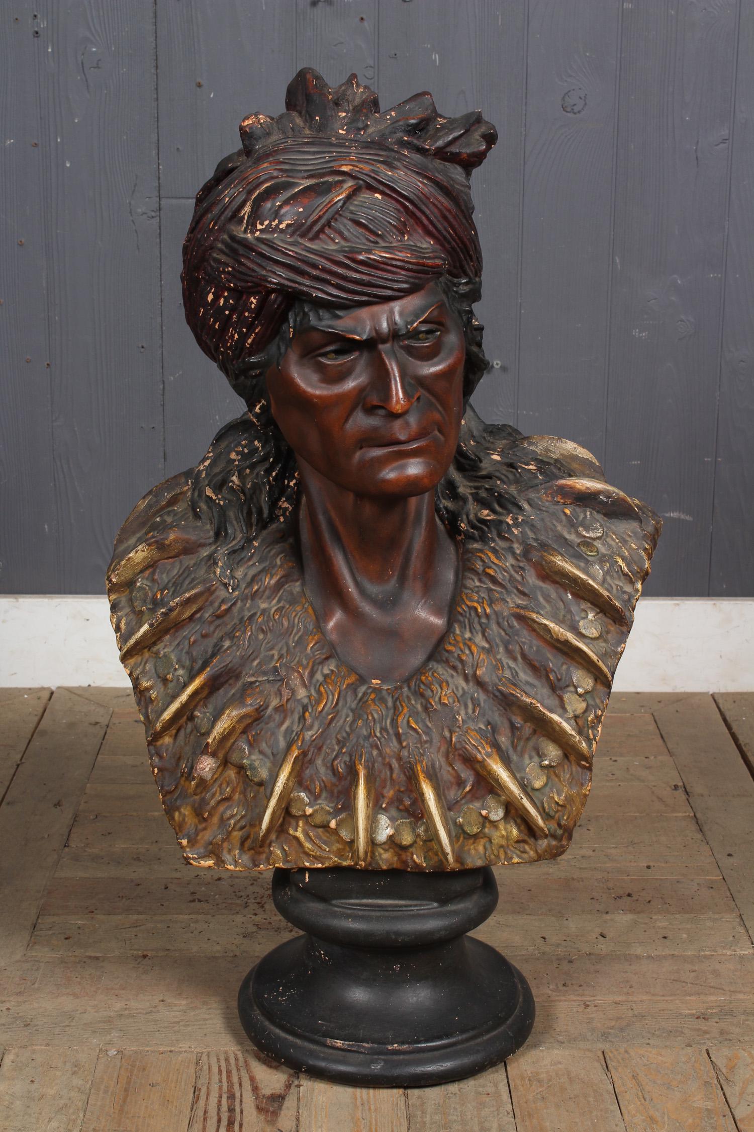 Chalkware Tobacco Store Style Portrait Bust: Chalkware Portrait Bust of Native American Chief. Not unlike the tobacco store trade stimulator. Size: 28.5" H x 17.5" W x 11" D