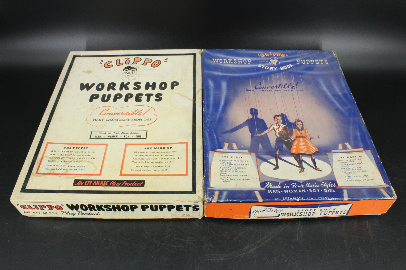 Clippo Story Book Workshop Puppets In Boxes: Clippo Story Book Workshop Puppets in Boxes, two box sets by Effanbee, includes 4 convertible puppets, man, woman, boy, and girl, some partially assembled, with accessories, one box marked for the boy