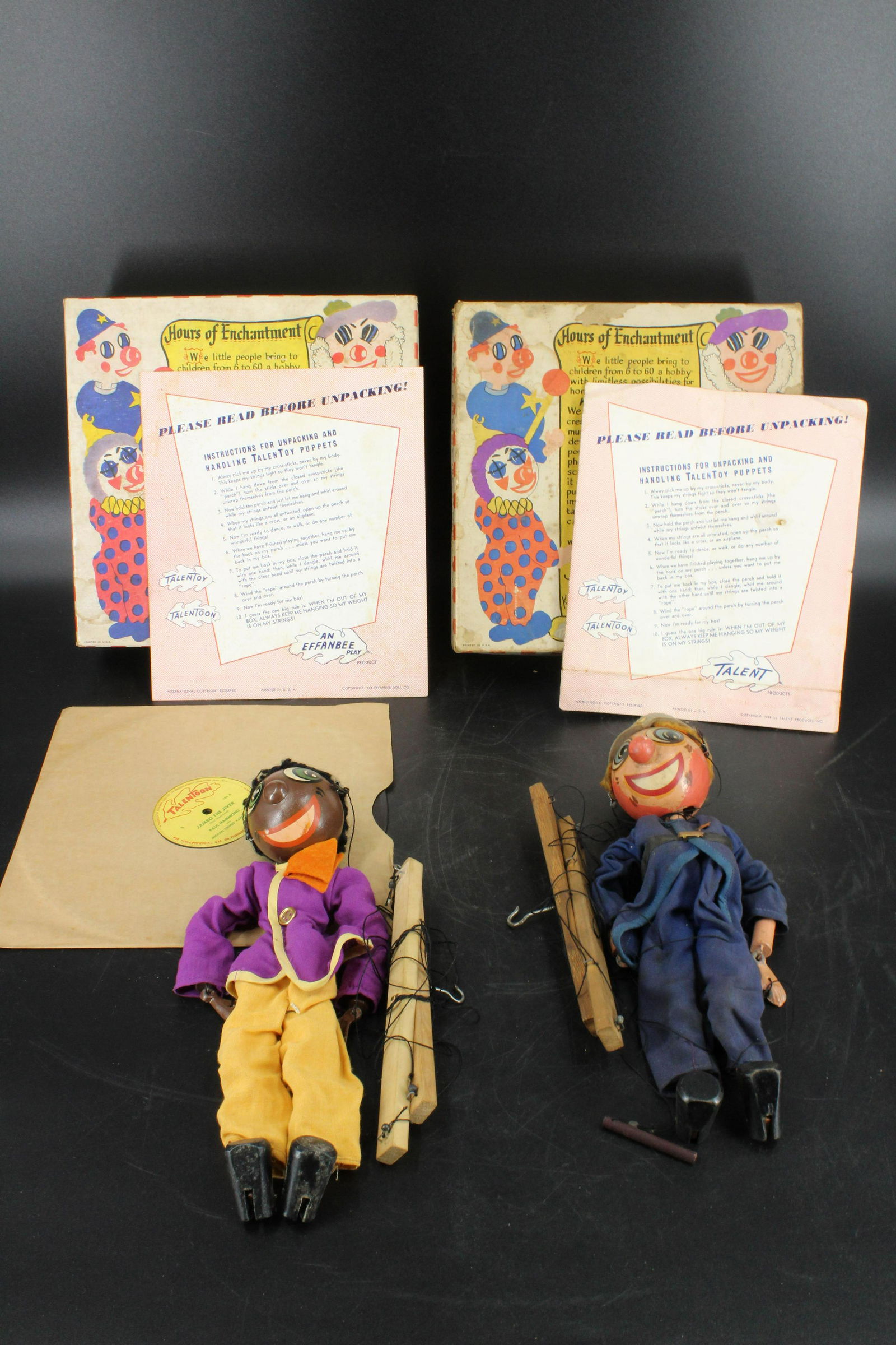 2 Effanbee Marionettes In Original Boxes: 2 Effanbee Marionettes in Original Boxes, includes Jambo the Jiver, with album and instructions sheet, and Kilroy the Cop with instructions sheet, Talent Products, Inc., TalenToy, TalenToon, Size: 10.