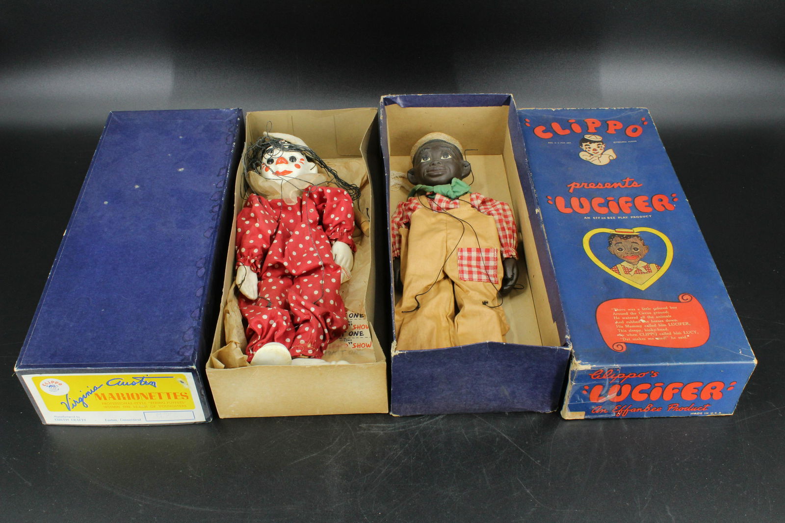 Effanbee Clippo And Lucifer Marionettes In Boxes: 2 Effanbee Marionettes in Original Boxes, includes Lucifer, marked on back of head Lucifer, V. Austin Effanbee, box numbered 807, and a Clippo the Clown puppet, marked on back of head Effanbee V. Aust