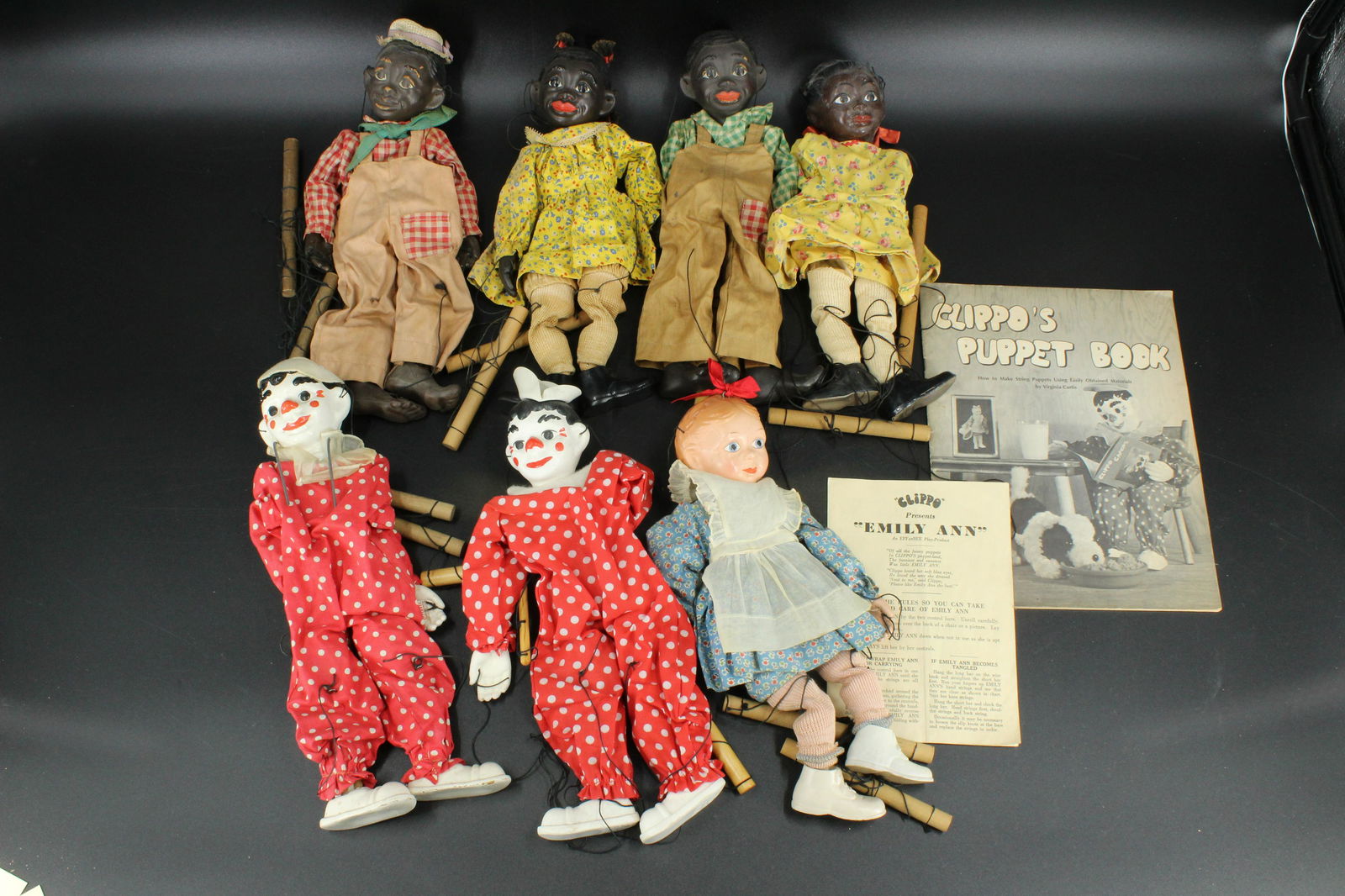 7 Vintage Marionettes By Effanbee: 7 Vintage Marionettes by Effanbee, includes two Lucifer marionettes, both marked on back of head Lucifer, V. Austin, Effanbee, two Liza Lee marionettes, one marked on back of head Lucifer, V. Austin,