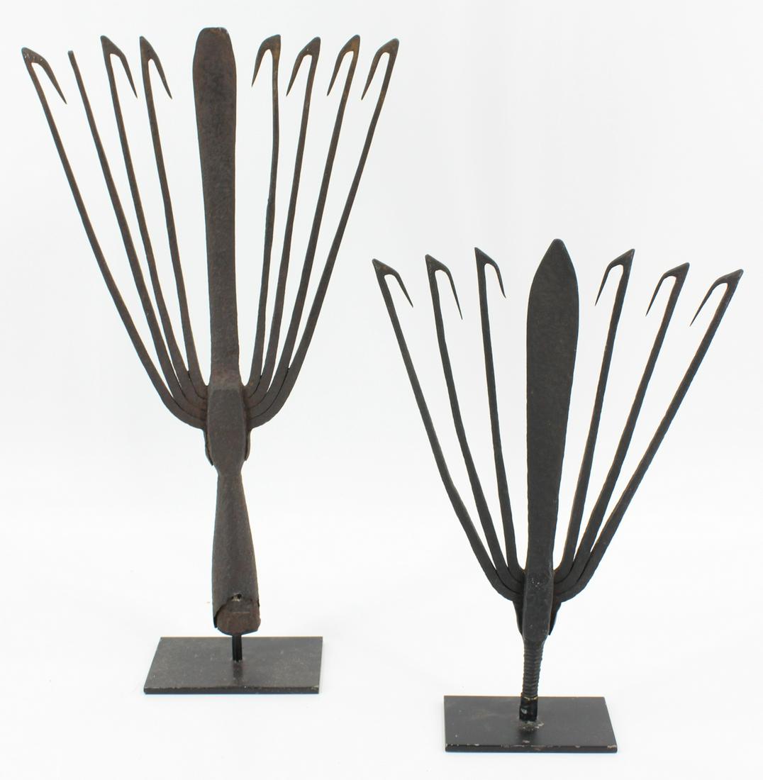 2 Hand Forged Eel Spears: 2 Hand Forged Eel Spears, One Signed F.s. Kent, Barnstable, Ma. Size: Largest: 16.5" H X 9" W X 3" D