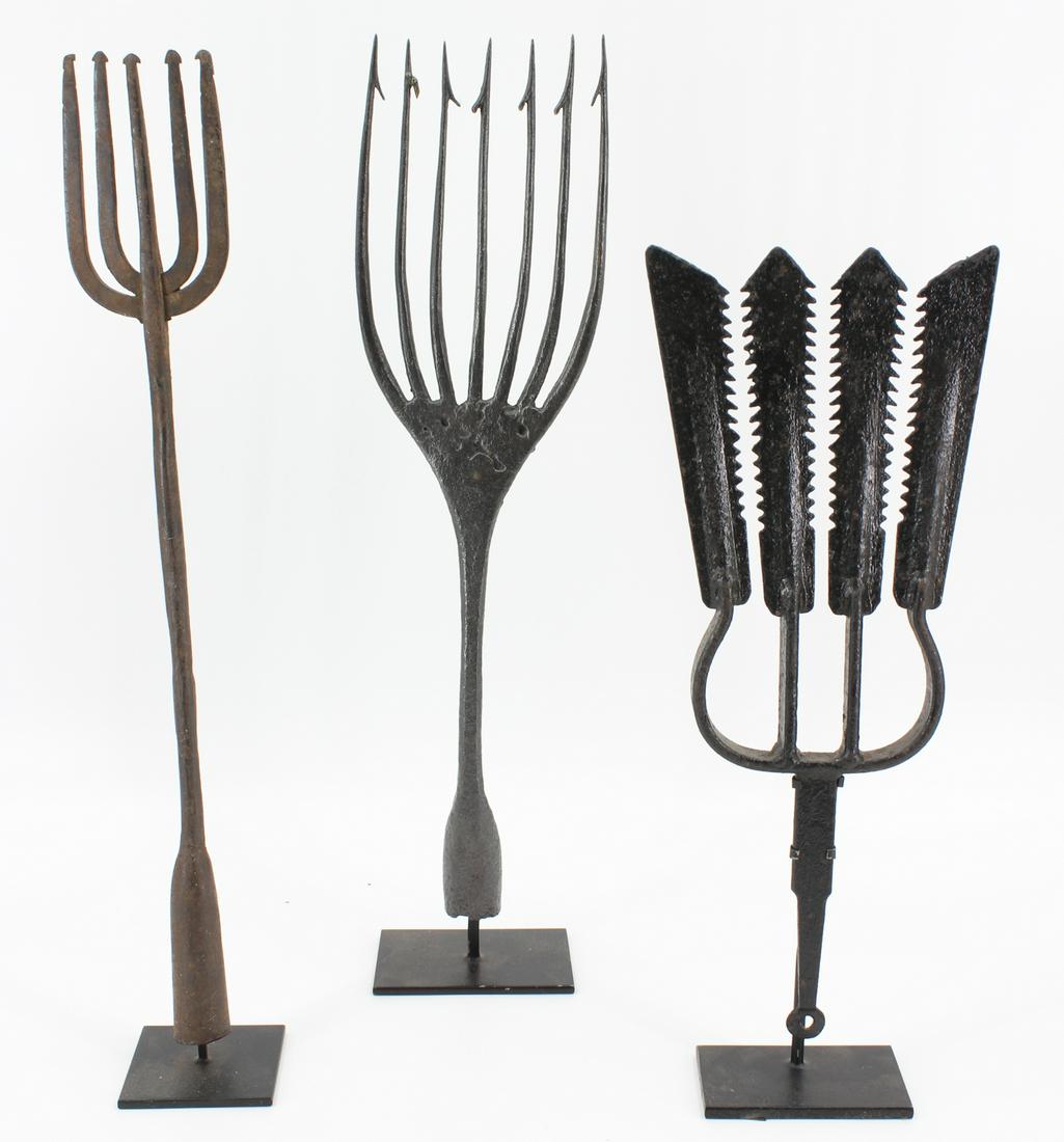 3 Hand Forged Eel Spears: 3 Hand Forged Eel Spears. Size: Largest: 20" H X 5.5" W X 3" D
