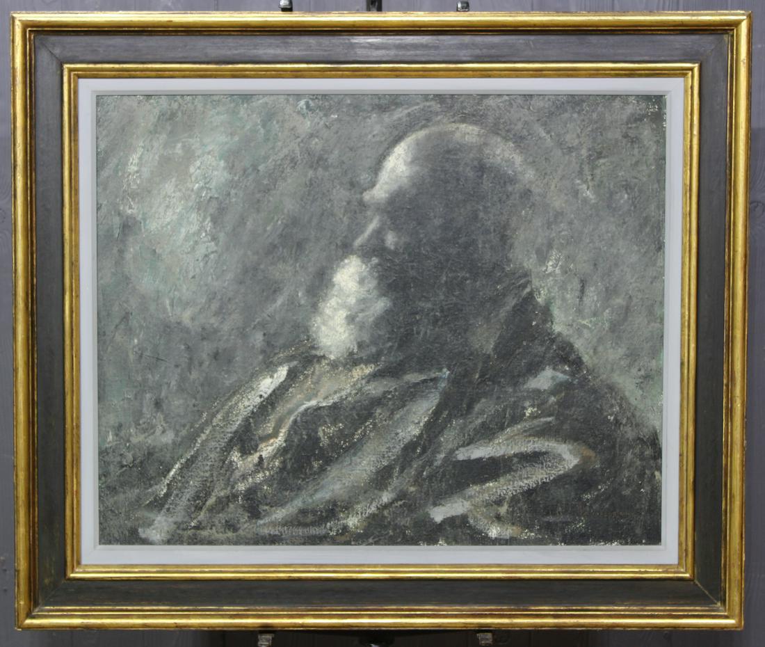 Grisaille Portrait Painting Signed Levin-Epstein: Painting by Levin-Epstein, side portrait of an elderly gentleman resembling Walt Whitman. Size: Frame: 32" H x 38" W x 2.5" D; Sight: 23.5" H x 29.5" W