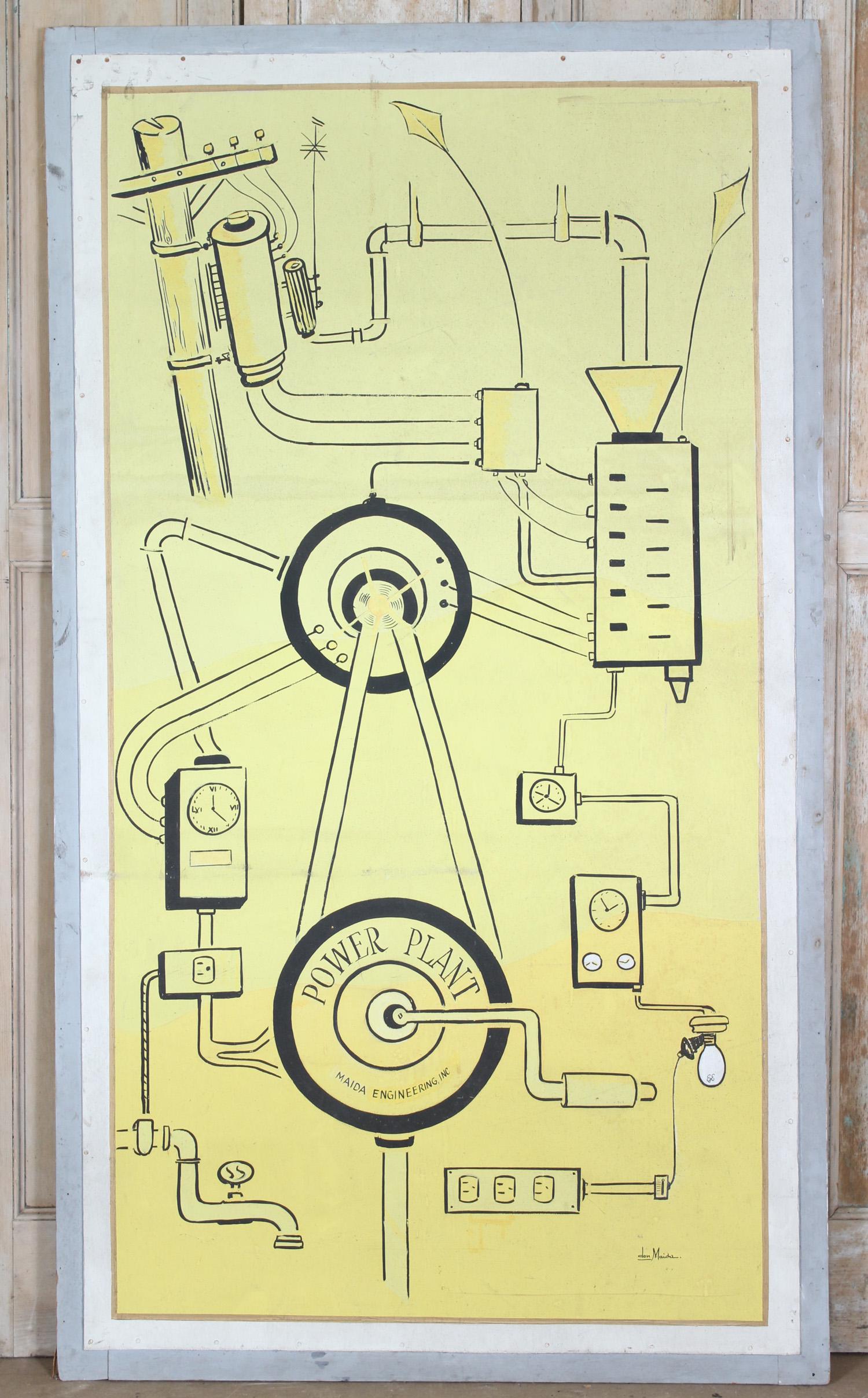 Handpainted Signed Power Plant Diagram: Handpainted Signed Power Plant Diagram for Maida Engineering, Inc., signed Don (Domenic) Maida (American, 1912-2002) Philadelphia artist. Size: 91" H x 52" W x 1" D