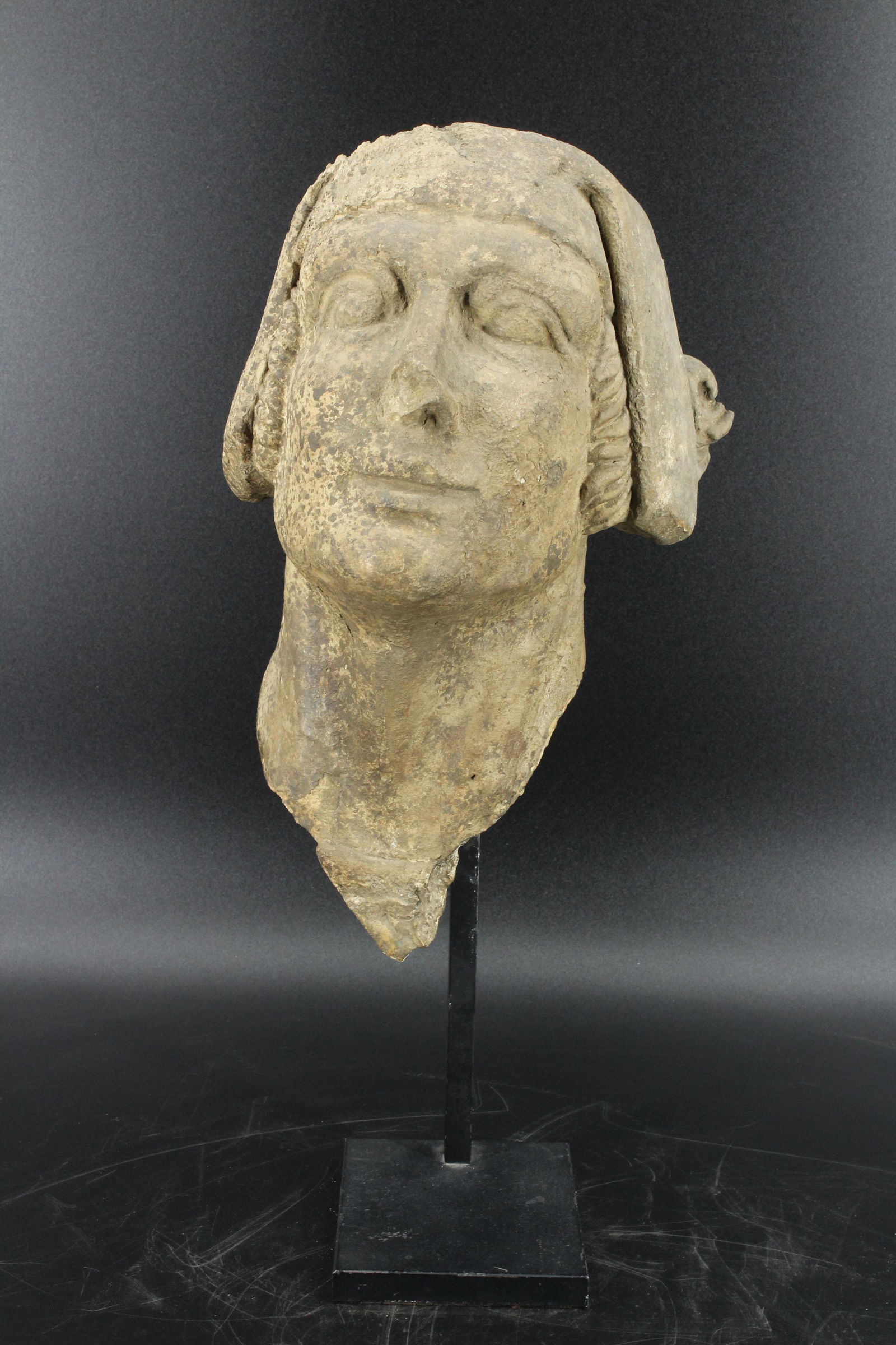 Hellenistic or Indo Persian Mask: Hellenistic or Indo Persian Mask. Plaster, fragmented. Size: 17.5"H x 8.5"D x 5"W