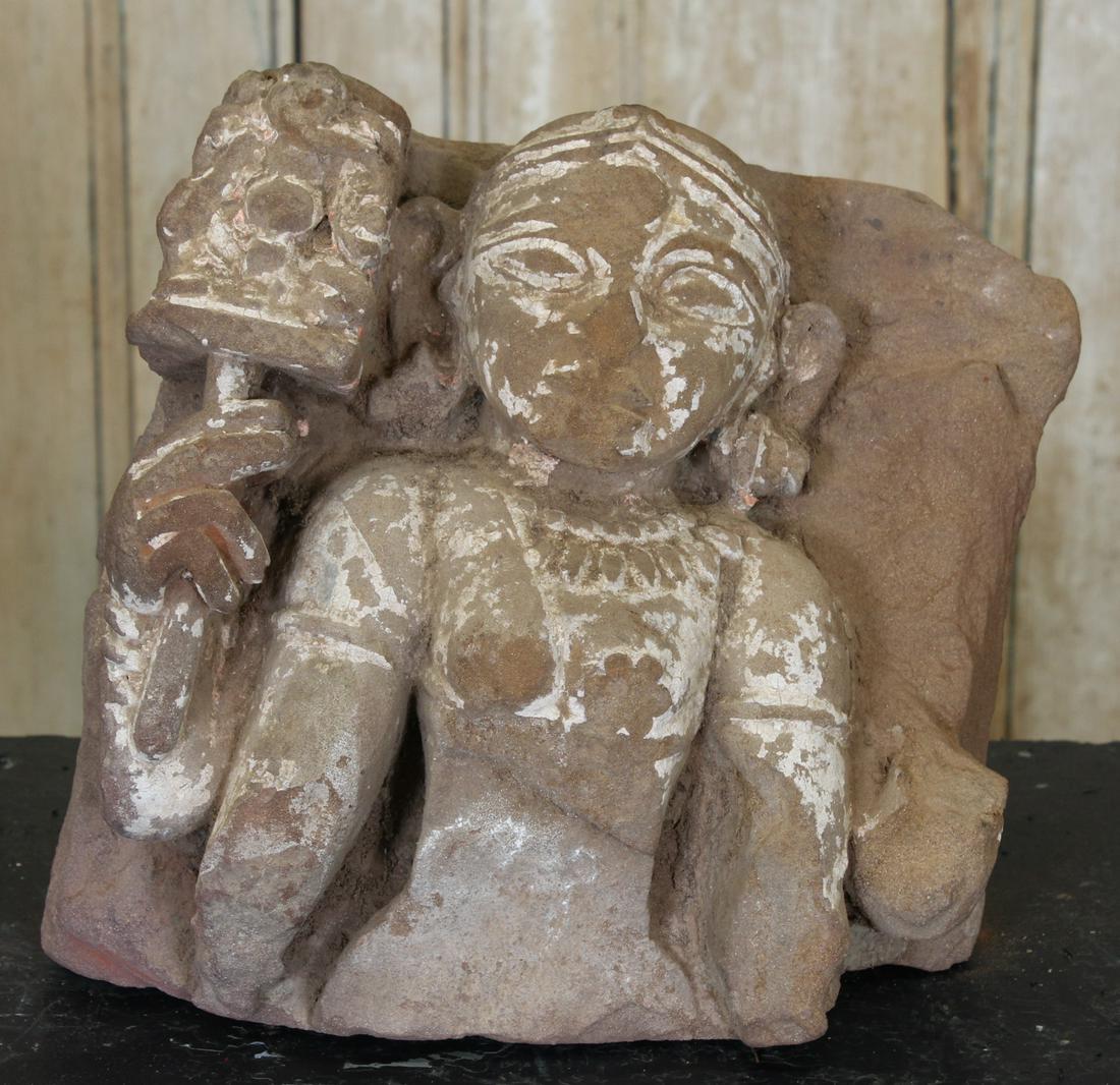 Indian Deity Sandstone Stele: Indian Deity Sandstone Stele. Size: 10.5" H x 10.5" W x 7" D