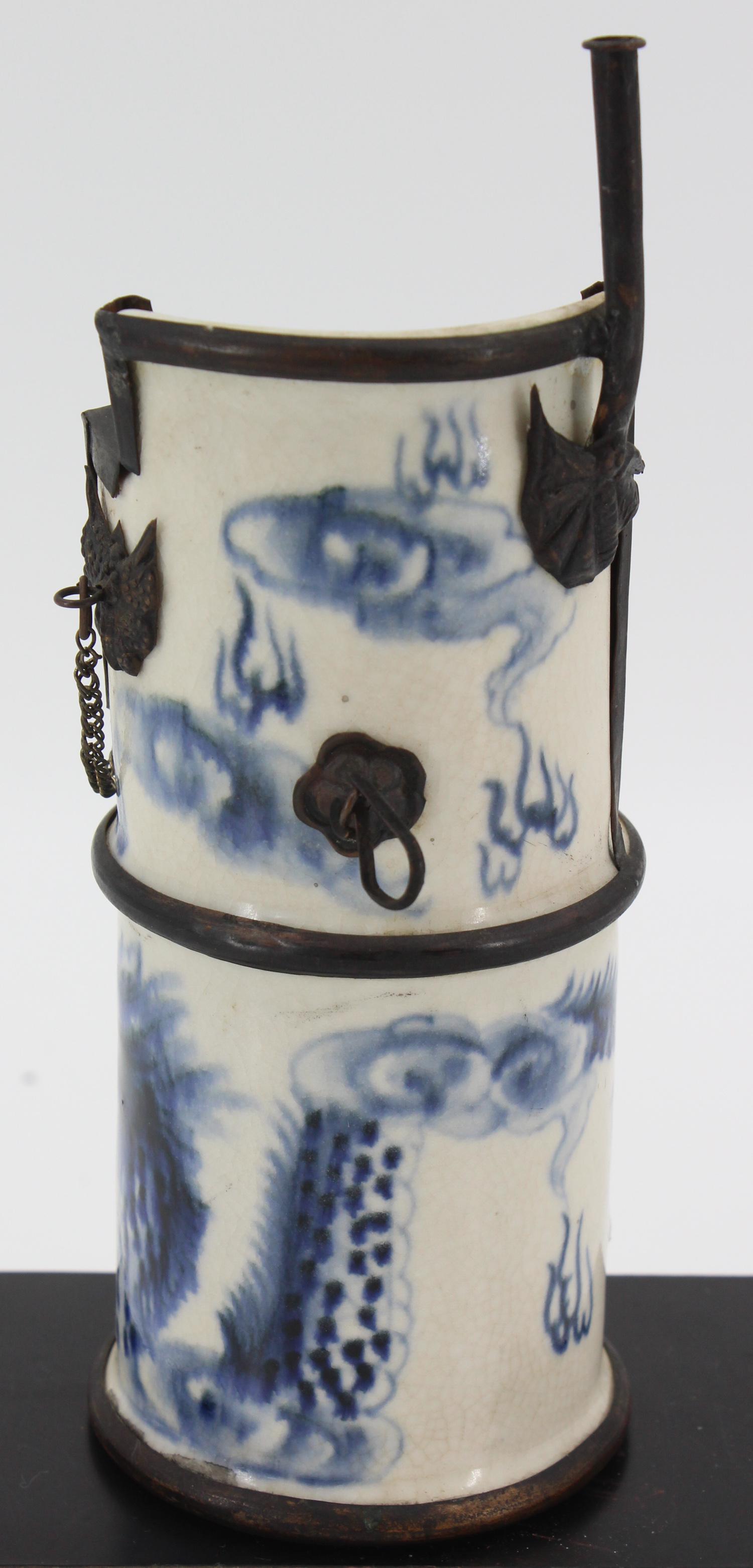 Chinese Blue and White Porcelain Opium Pipe: Chinese Blue and White Porcelain Opium Pipe. Size: 7.5" H x 3" W x 3.5" D