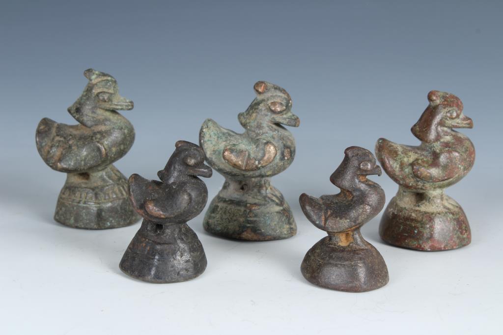 5 Antique Bronze Burmese Opium Weights: 5 Antique Bronze Burmese Opium Weights - Size: Tallest: 2" Tall (4881)