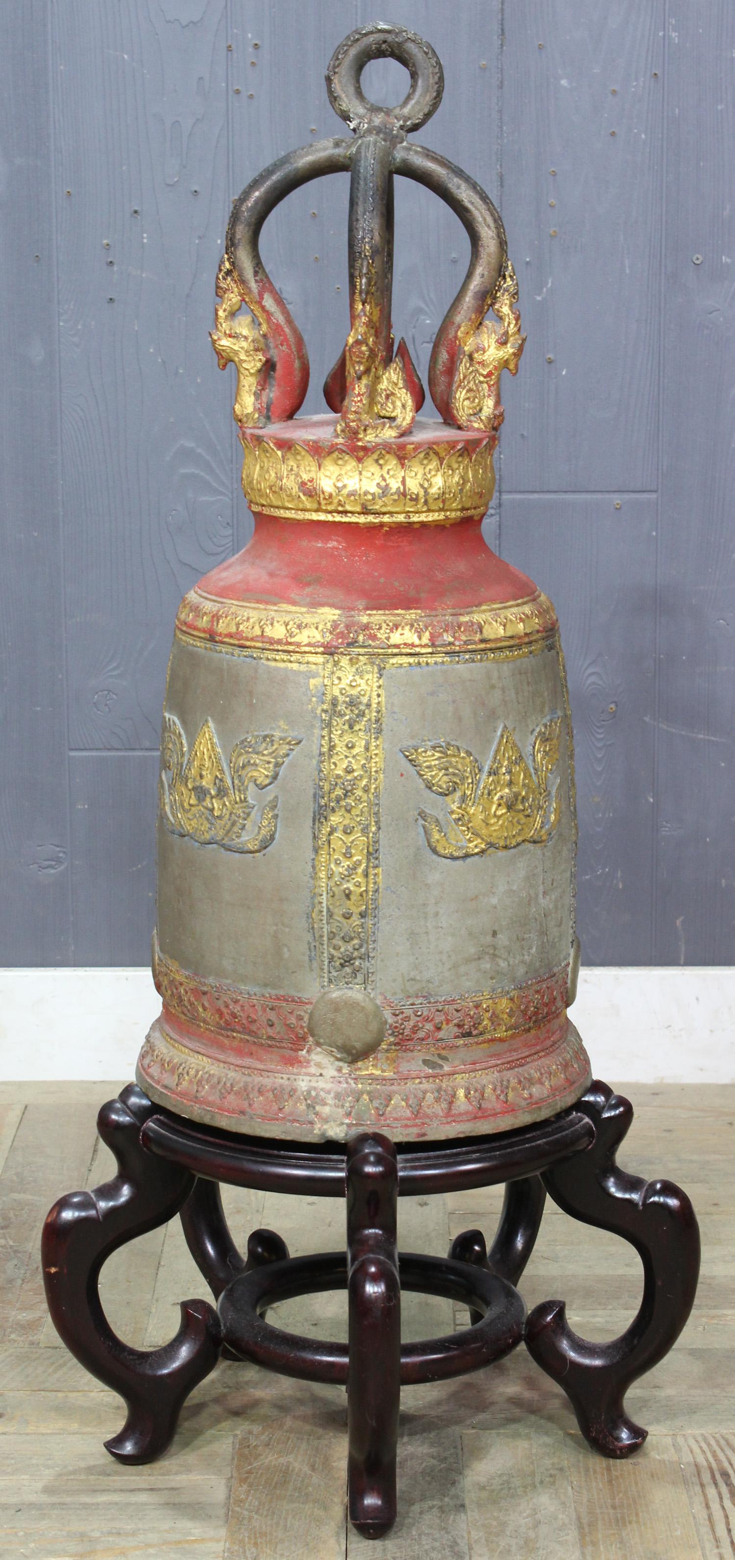Polychrome Bronze Buddhist Temple Bell: Polychrome Bronze Buddhist Temple Bell. Thailand. Size: 37.5" H (overall) x 16.5" W x 16" D, bell 27.5".