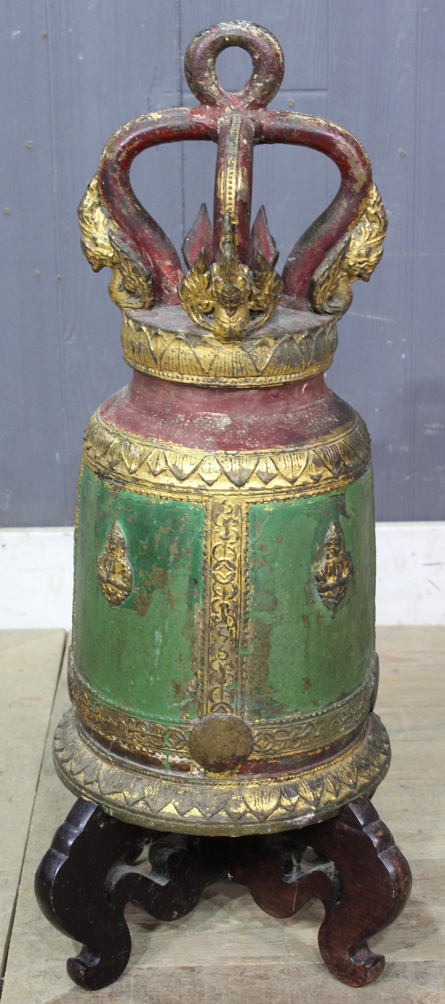 Polychrome Bronze Buddhist Temple Bell on Stand: Polychrome Bronze Buddhist Temple Bell on Stand. Thailand. Size: 26.5" H x 10.5" W x 10.5" D, Bell 21" high.