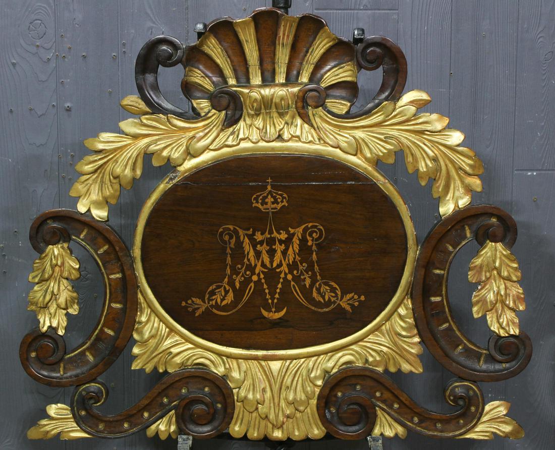 Late 19th C Carved Gilt Architectural Cartouche: Late 19th C. Gilt Wood Carved Architectural Element inlaid marquetry crest. Size: 26" H x 31" W x 2.5" D