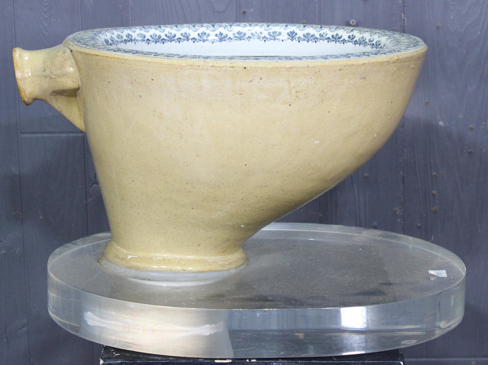 Antique Blue and White Glazed Water Closet Bowl: Antique Blue and White Glazed Water Closet Bowl. Labeled The Erectable, JH and Co. Mounted on plexi base for display. Size: 10" x 14" x 17.5"