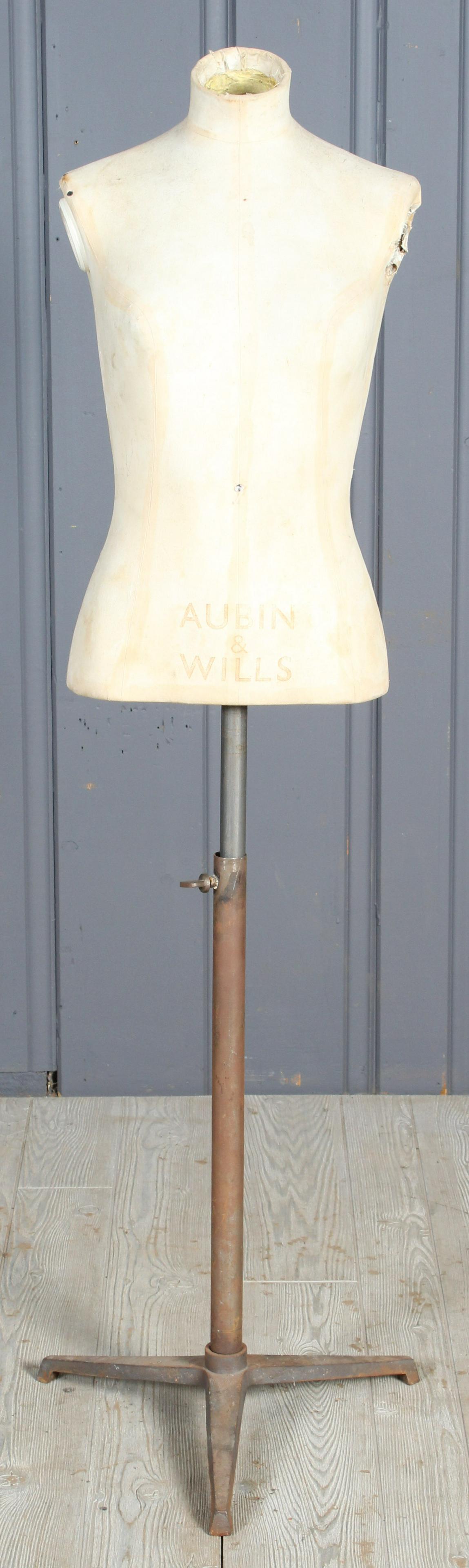 Aubin & Wills English Mannequin: Aubin & Wills English Mannequin, or dress form on metal stand, stamped on front. Size: 53" H x 16" W x 15" D