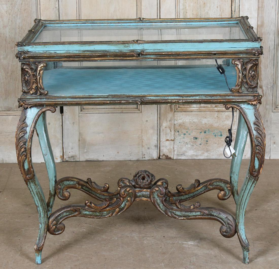 Louis XV Style Vitrine Table: Louis XV Style Vitrine Table. Painted hinged top. Size: 33" H x 34.5" W x 22" D