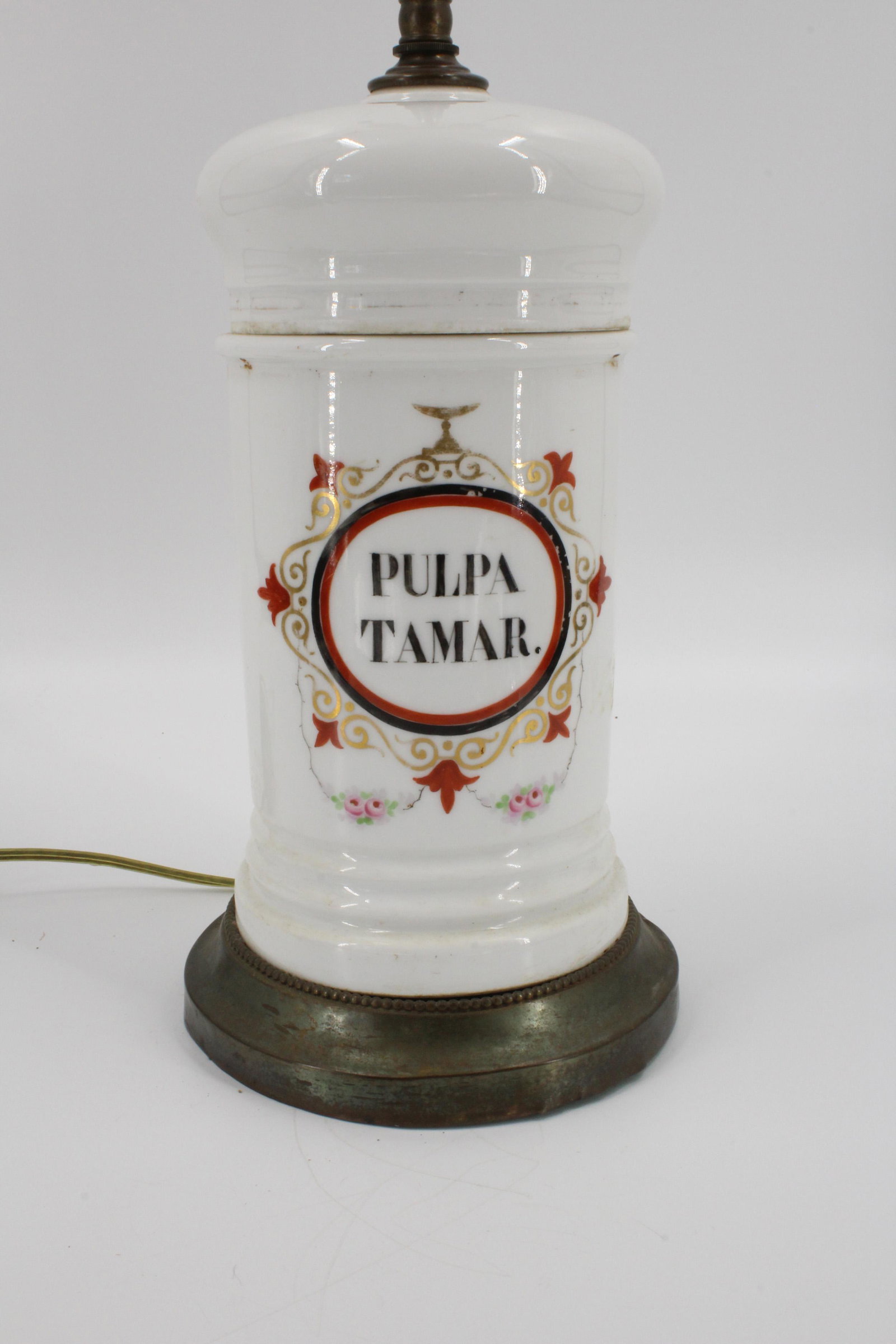 Apothecary Albarello Lamp: Apothecary Albarello Lamp, marked on front "Pulpa Tamar". Size: 22.5" high on 6" diameter base.