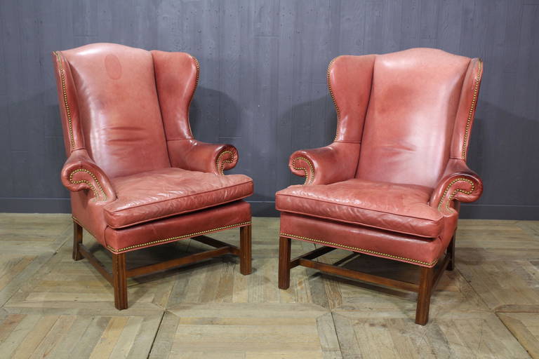 Pair Leather Wingback Chairs