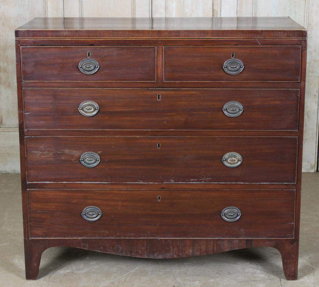 English Hepplewhite Style Dresser: A good 19th C. chest of drawers having line inlay decoration and two over three drawers raised on bracket feet. Size: 38.5" H x 42" W x 20" D