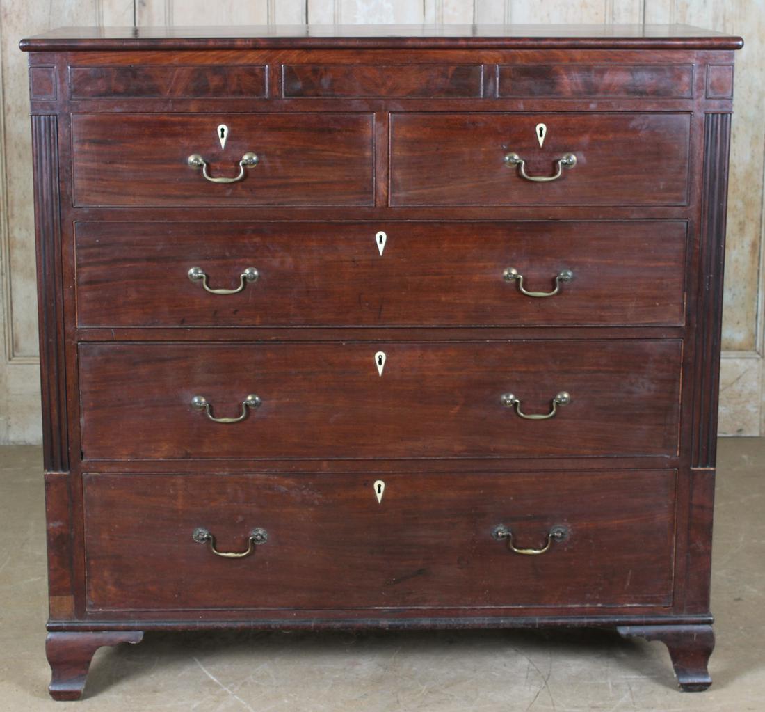 19th C Mahogany Chest of Drawers: A 19th C. mahogany chest of drawers having two over three graduated drawers all raised on ogee bracket feet. Size: 50.5" H x 51.5" W x 21" D