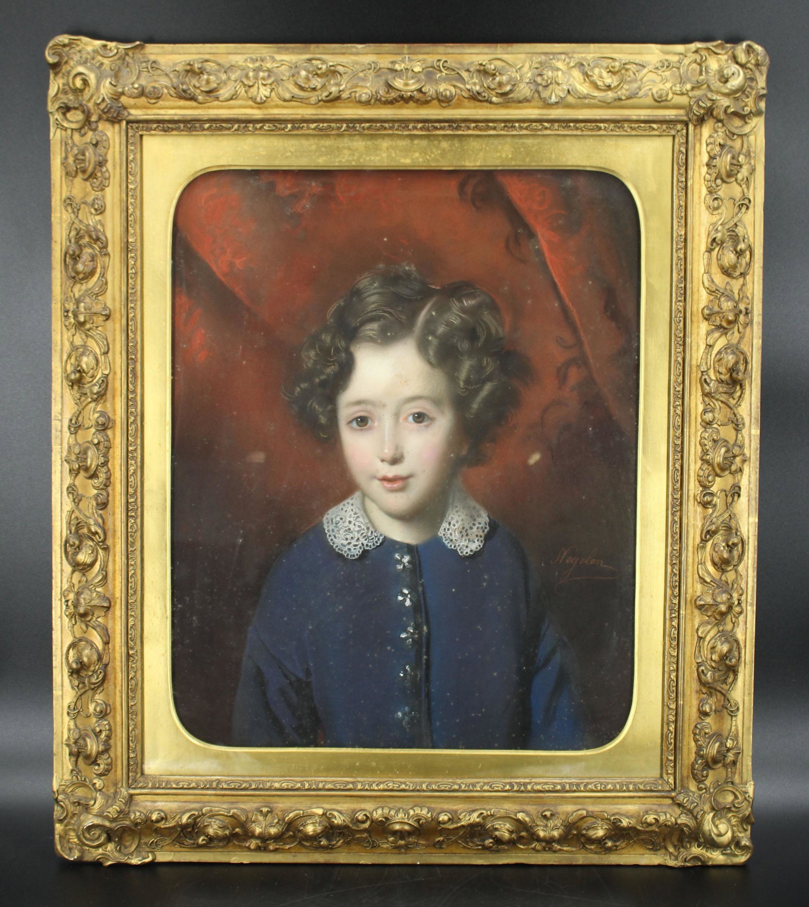 Painted Portrait by Joseph-Mathias Negelen: Painted Portrait by Joseph-Mathias Negelen, (Swiss, 1792-1870), signed lower right Negelen. Size: Frame: 29" H x 25" W, Sight: 20" H x 16" W. (NHJ 380)