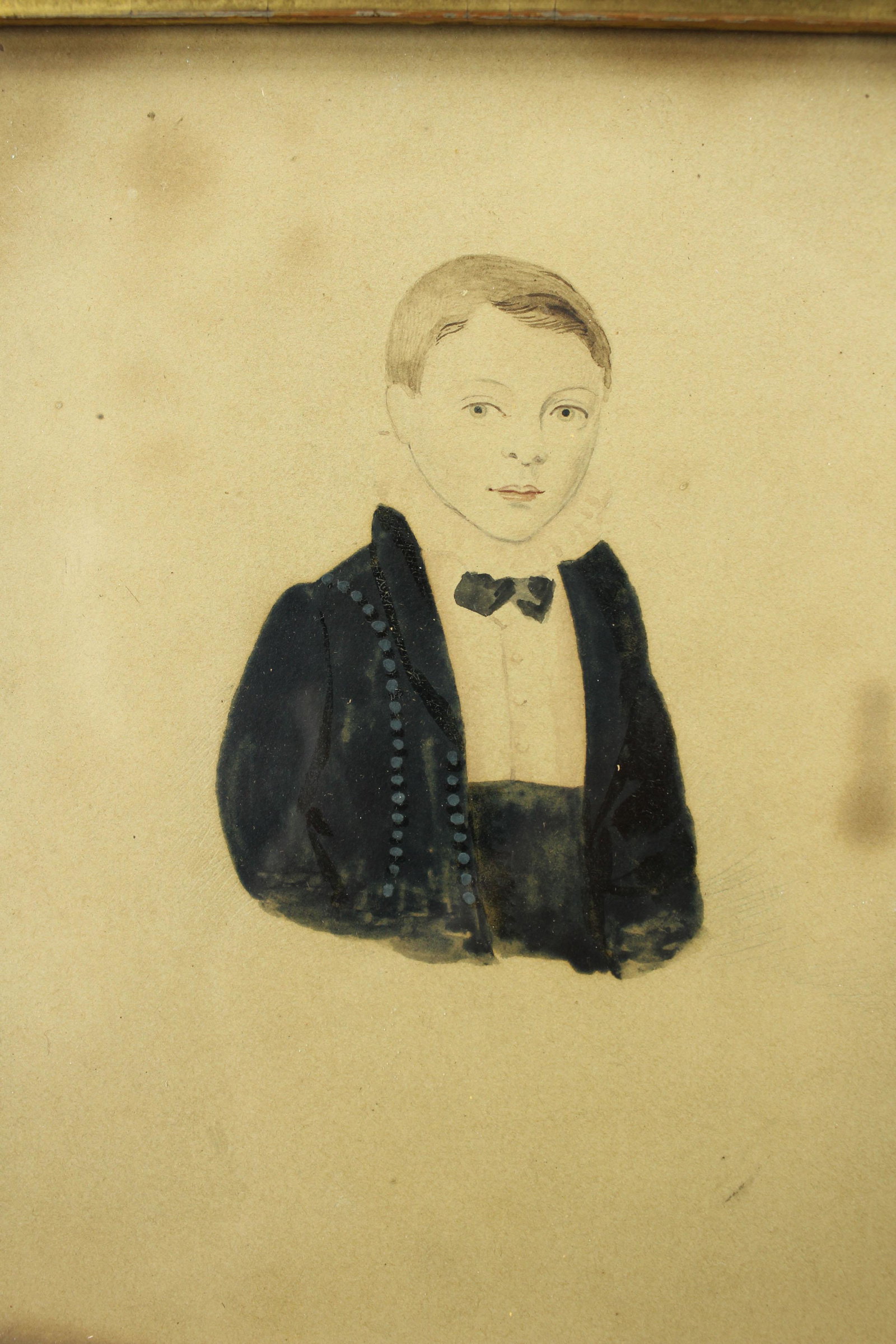 19th C. Portrait Drawing of a Boy: 19th C. Portrait Drawing of a Boy, written in pencil on verso "Whipp". Size: Frame: 9.5" H x 9" W, Sight: 5.75" H x 5.25" W. (NHJ 266)