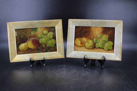 Pair 19th C. English School Still Life Paintings: Pair of 19th C. English School Still Life Paintings, in the manner of Edward Ladell. Fruit still life oil on canvas paintings depicting grapes, pears, and apples, artist monogrammed and dated '90