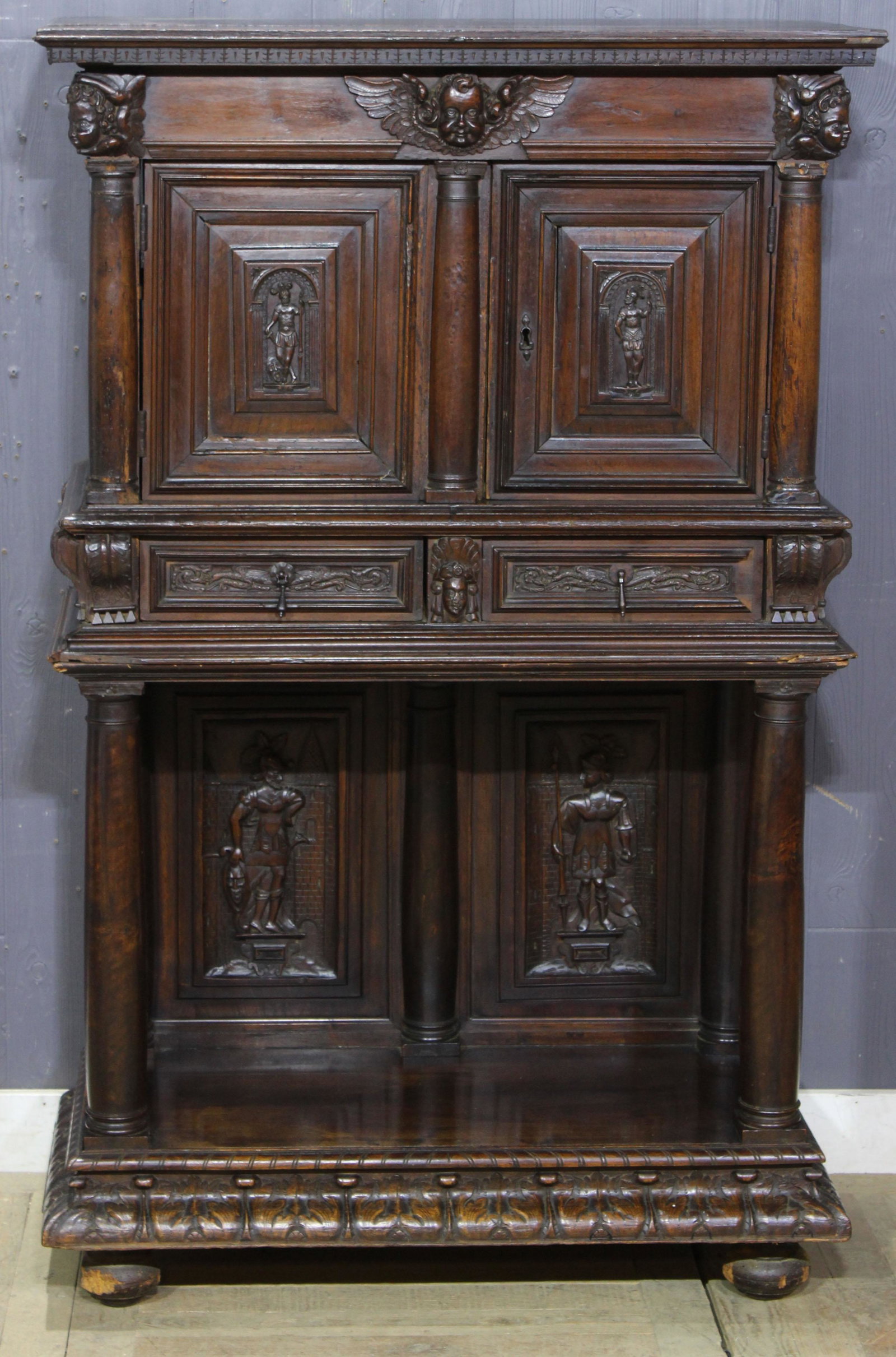 18th C. Italian Two Piece Court Cupboard: 18th C. Italian Two Piece Court Cupboard. Size: 59.5" x 38" x 18"